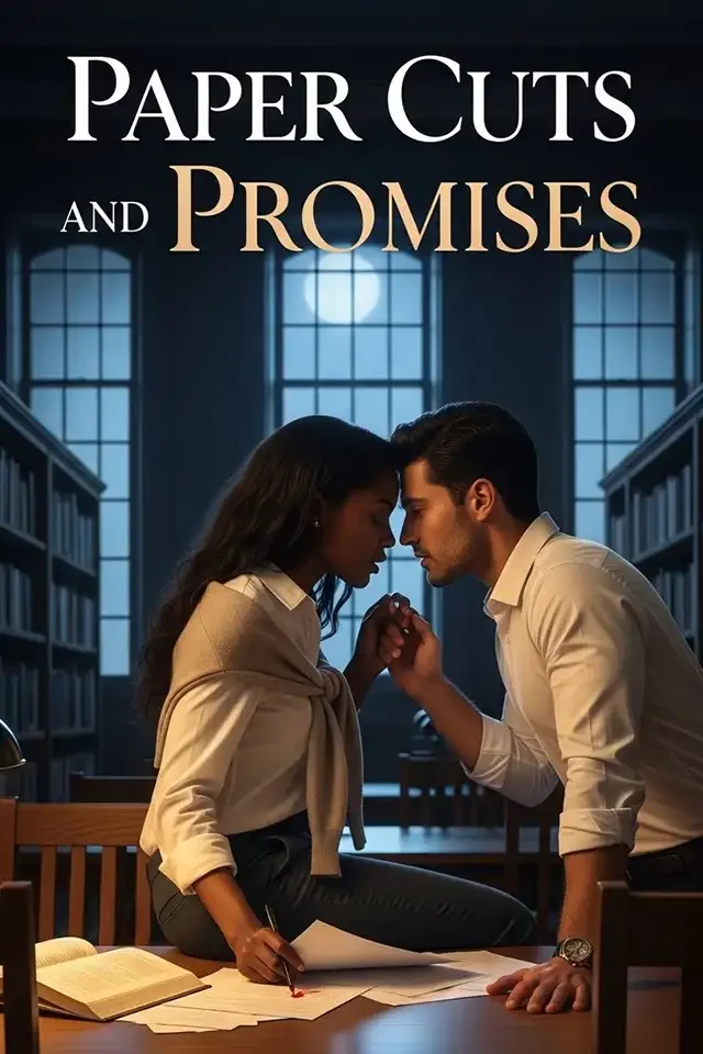 A romantic scene between a man and a woman in a library, touching foreheads with closed eyes, with the title 'Paper Cuts and Promises' displayed above them.