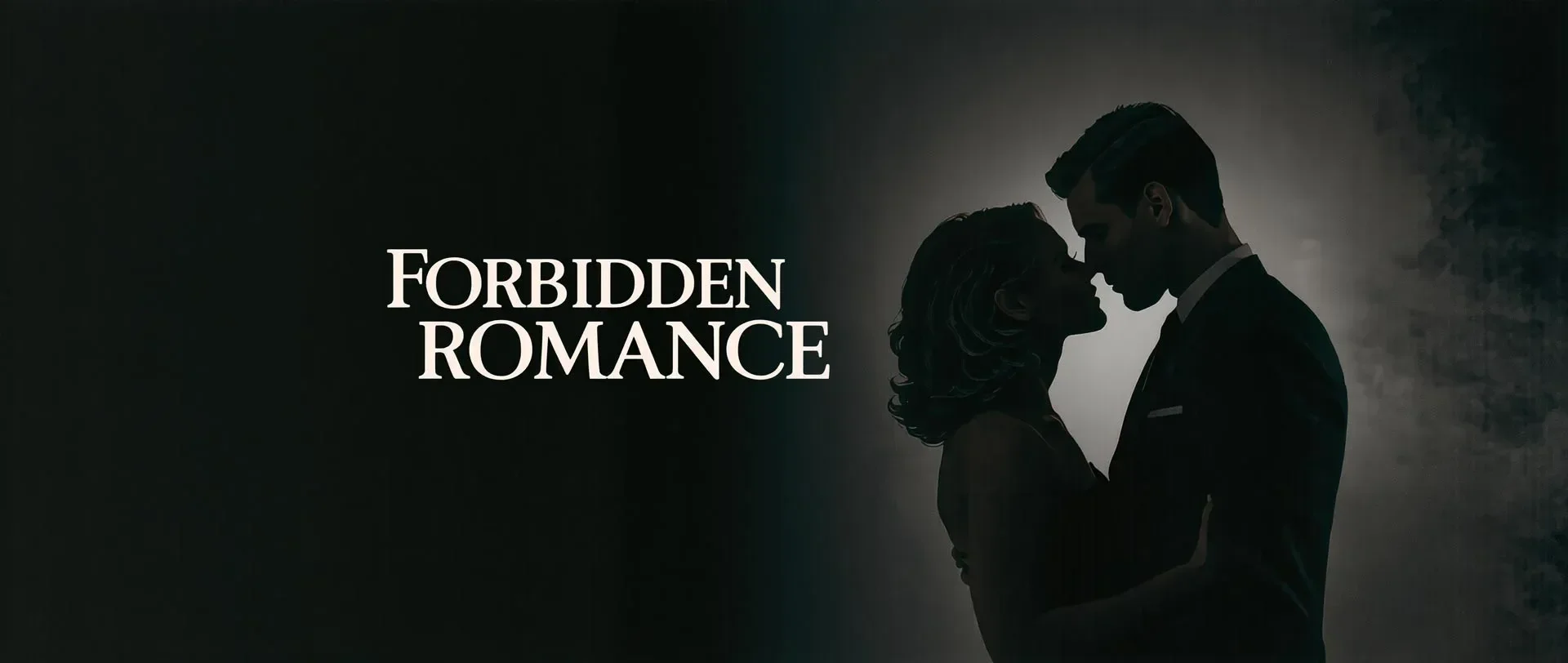 Silhouette of a man and woman in an embrace, facing each other with foreheads touching, with the text "Forbidden Romance" on the left side of the image.