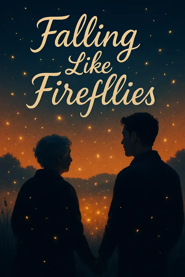Silhouette of a couple holding hands against a night sky filled with fireflies and stars, with the words "Falling like Fireflies" written at the top.