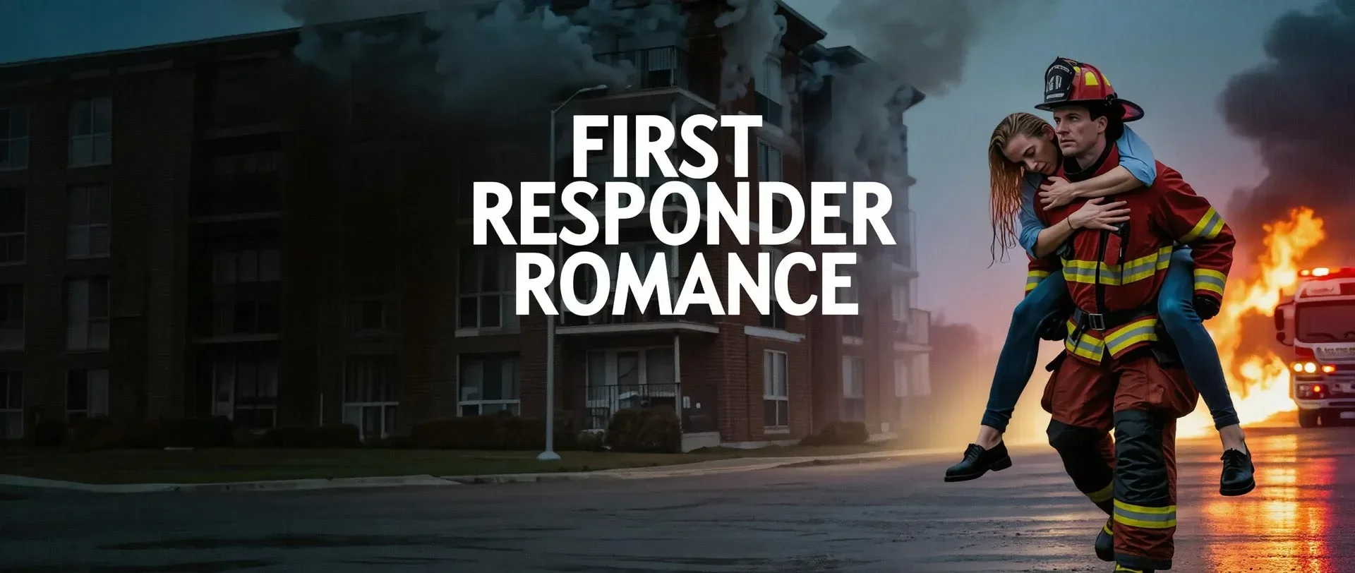 A firefighter carrying a woman away from a burning building with thick smoke, emergency vehicles, and fire in the background, with the text 'First Responder Romance' overlayed.