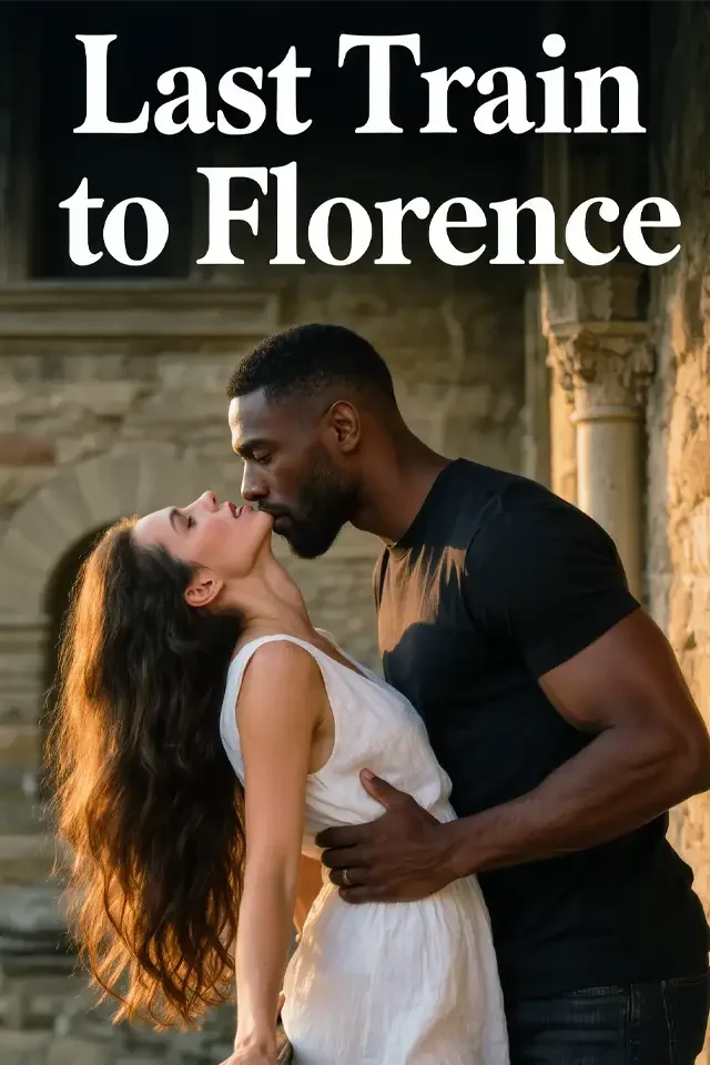 A man and woman kissing passionately outdoors, with a historic stone building in the background. The woman is wearing a white dress and has long, wavy hair. The man is dressed in a black T-shirt.