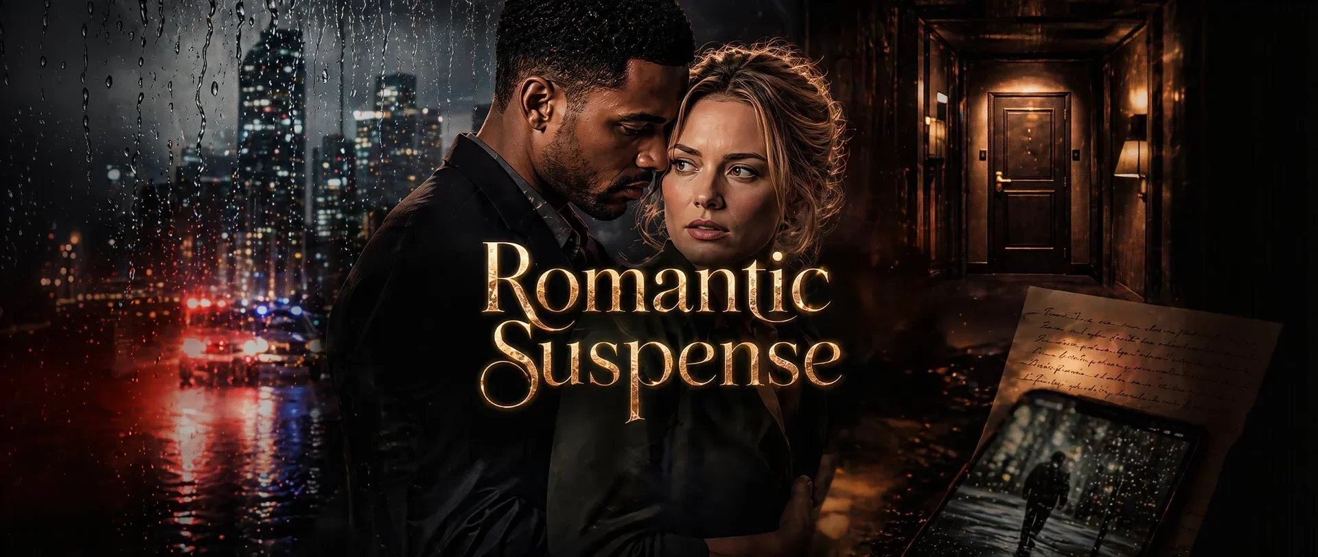 A romantic and suspenseful scene featuring a man and a woman standing closely together in a dark urban setting during rain. The background shows a city skyline with bright lights and rain-dappled windows. Overlaid text reads "Romantic Suspense," and 