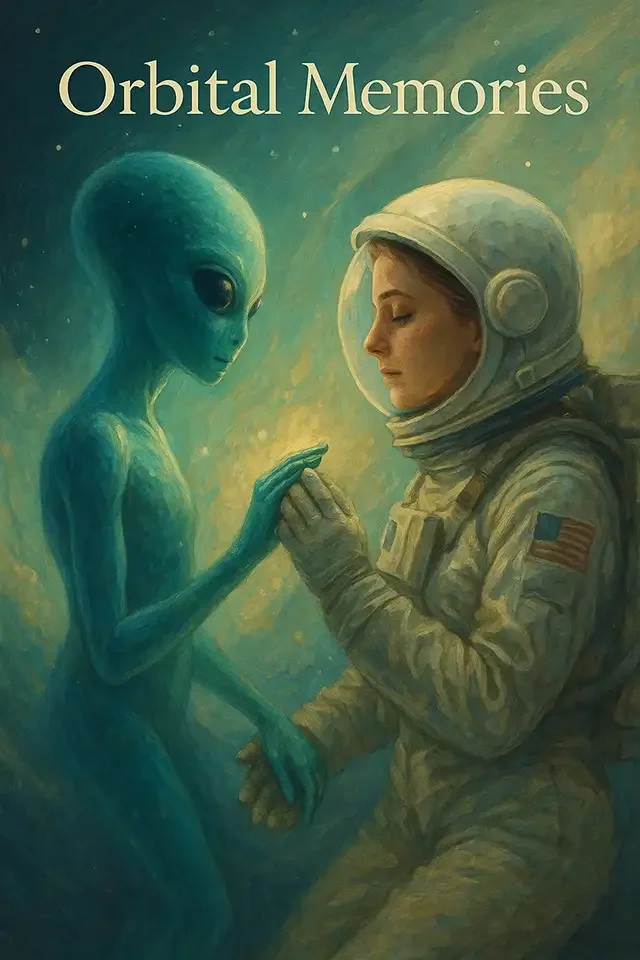An illustration of an alien and an astronaut touching fingers, with the text "Orbital Memories" at the top.