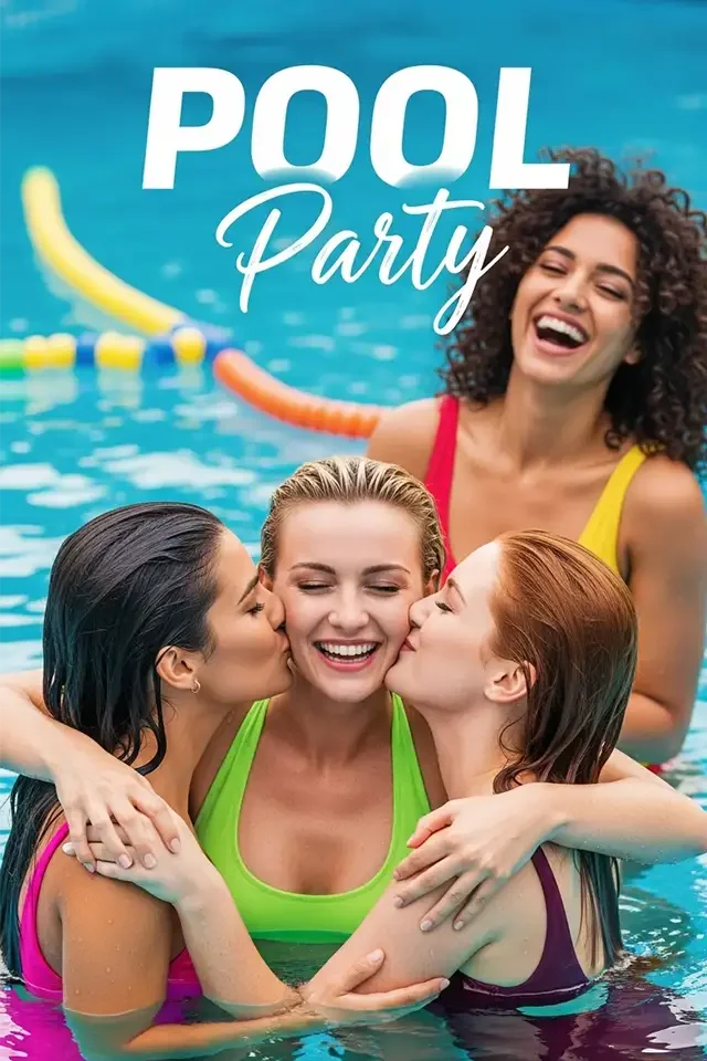 Four women in swimsuits enjoying a pool party, smiling and hugging each other in a swimming pool with colorful pool noodles.