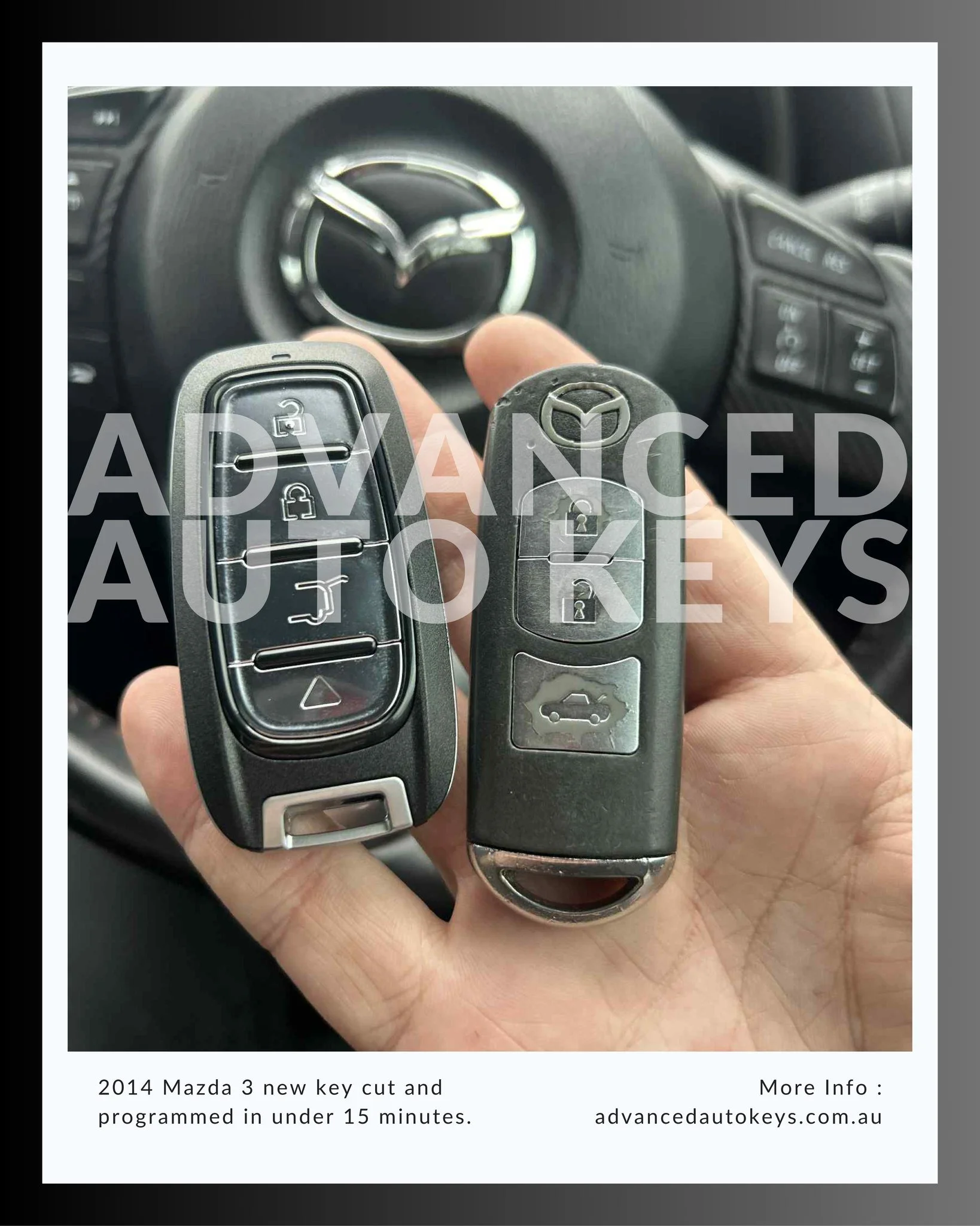 Expert key replacement service for 2014 Mazda 3: a newly manufactured and precisely programmed key delivered swiftly in under 15 minutes.