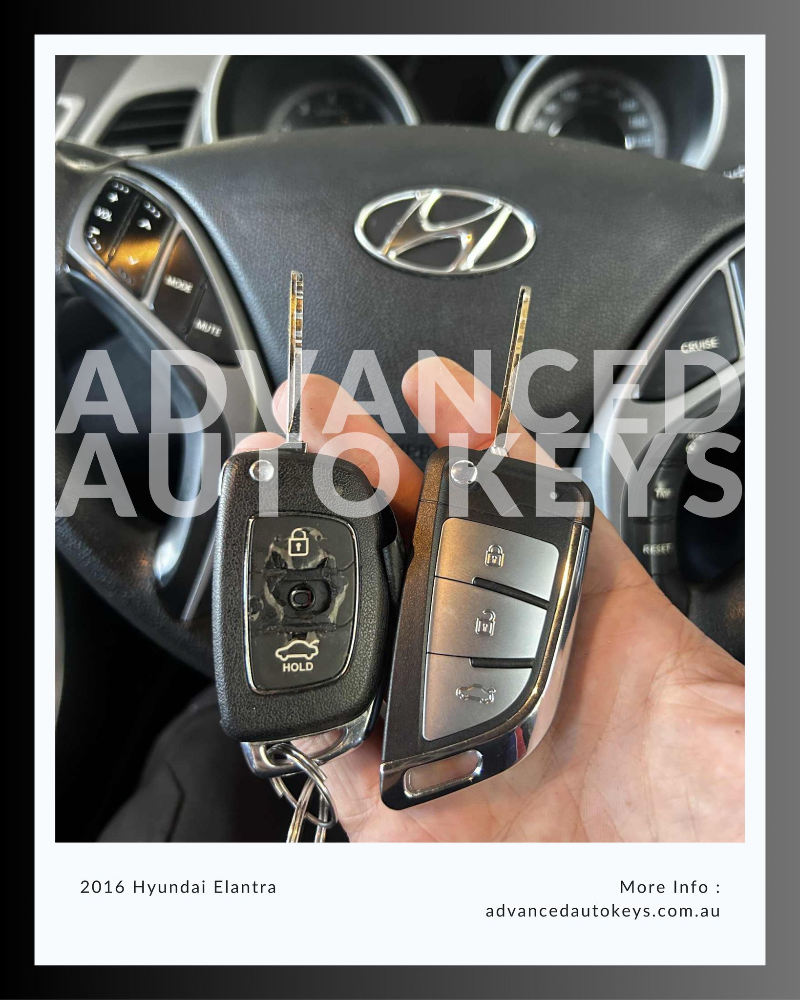 2016 Hyundai Elantra key programmed in 10 minutes. Client selected a remote with durable plastic buttons to avoid repeat issues with rubber buttons.