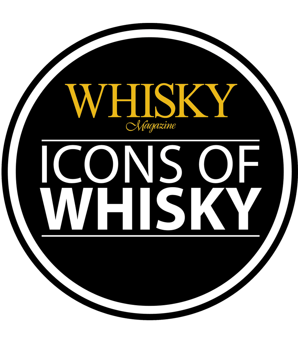 A circular logo with a black background and white border, featuring the words 'Whisky Magazine' in gold and 'Icons of Whisky' in white.