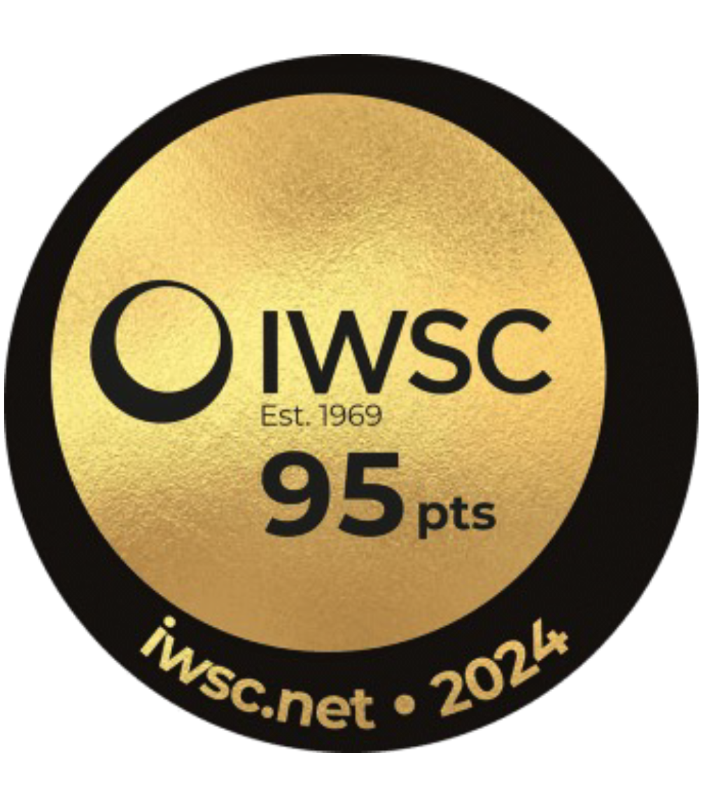 Gold and black circular badge with IWSC logo, establishing 1969, rating 95 points, website iwsc.net, 2024