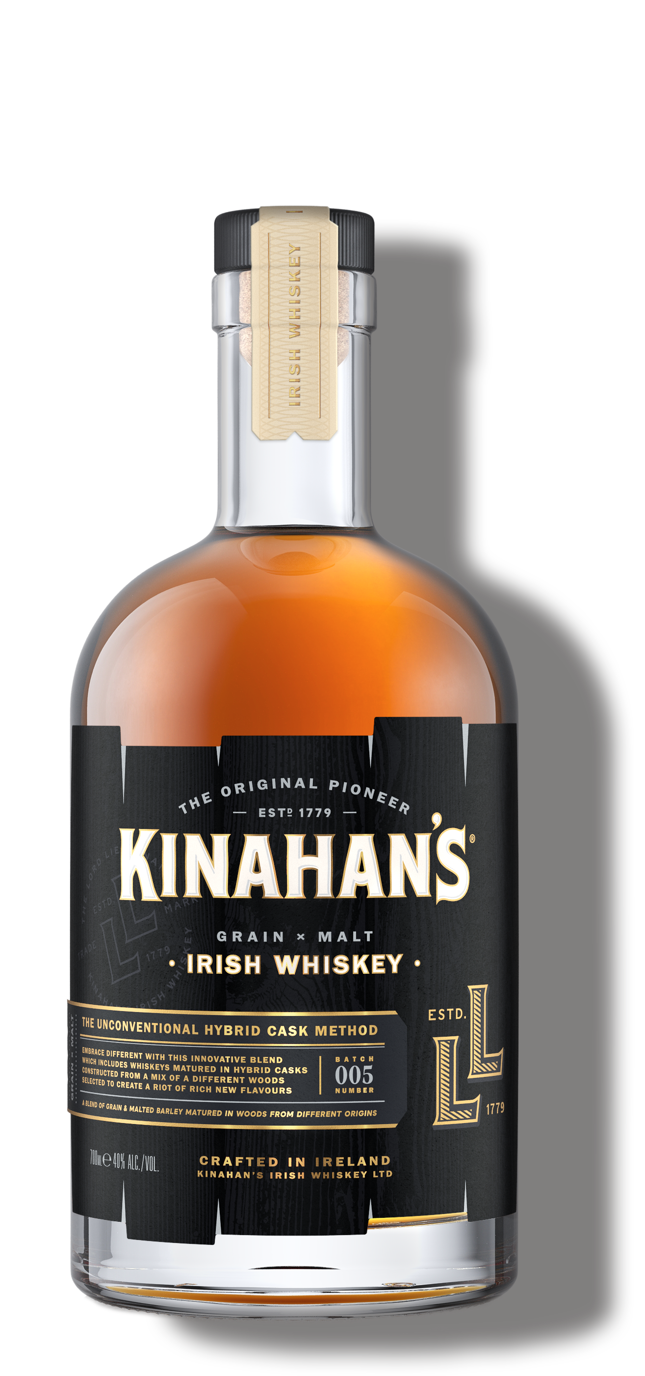 A bottle of Kinahan's Irish Whiskey with a black label, gold and white text, and a silver cap, set against a dark background.