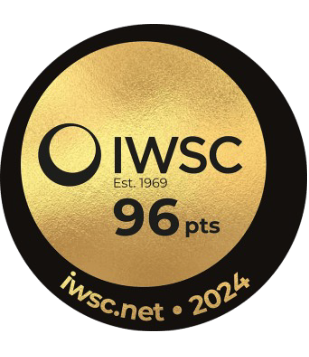 Gold and black circular badge for IWSC with text: IWSC Est. 1969, 96 pts, iiwsc.net, 2024.
