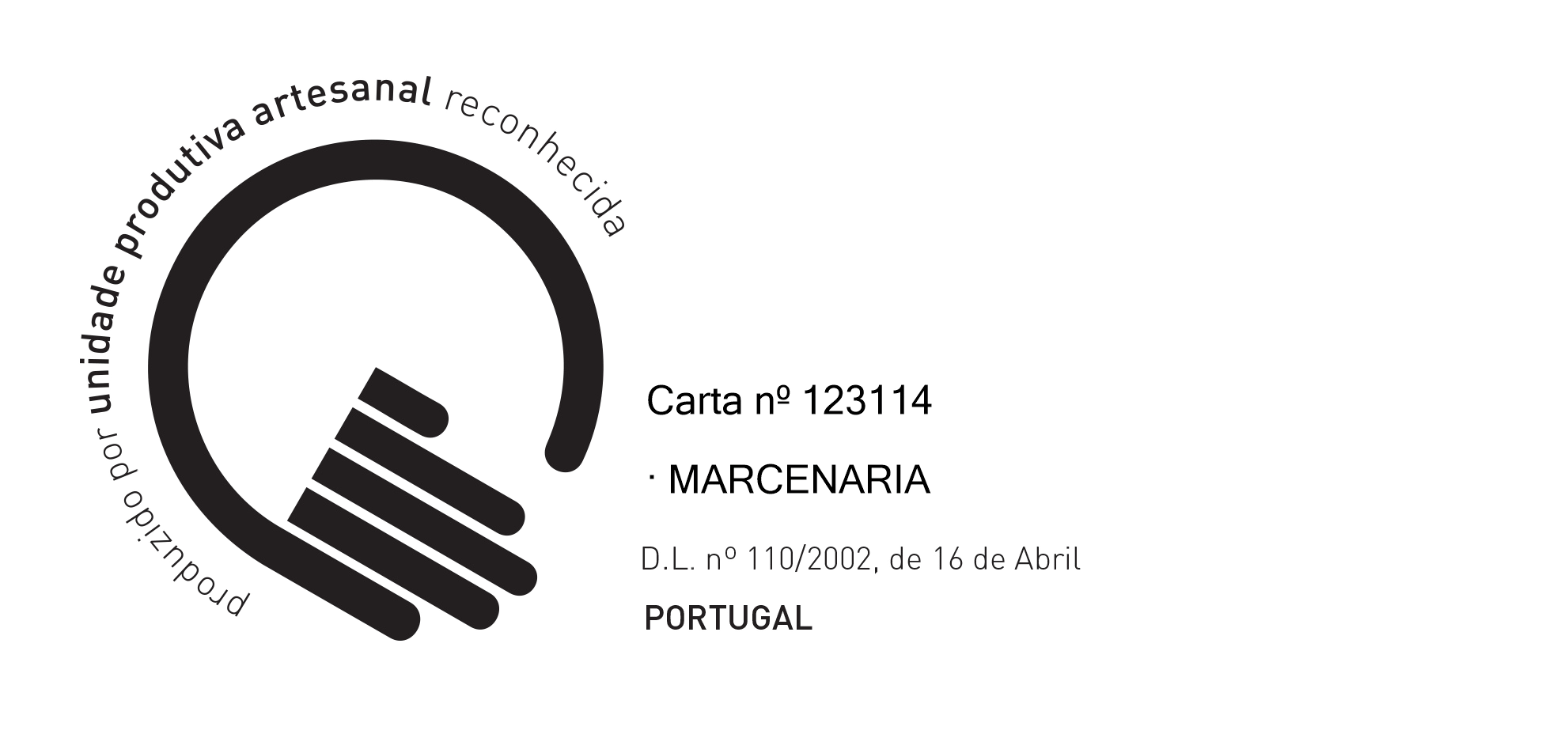 Selo de reconhecimento por unidade produtiva artesanal em Portugal para a Nó Marceneiros, com um círculo preto e letras em destaque, incluindo a data de 16 de abril de 2014 e a lei nº 110/2002.
