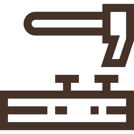 Ícone de uma tábua de madeira e um martelo a colocar pregos na tábua, em tom castanho.