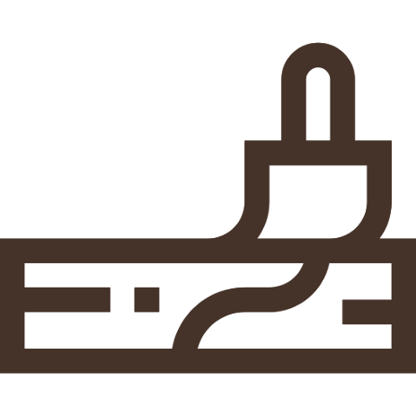 Ícone de um pincel a colocar verniz numa tábua de madeira, em tom castanho.