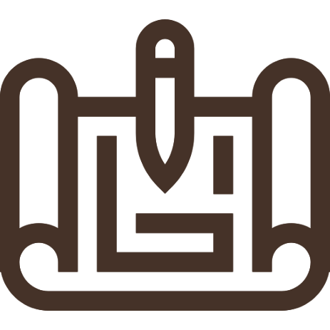 Ícone de uma uma caneta sobre papel, simbolizando desenho, em tom castanho.