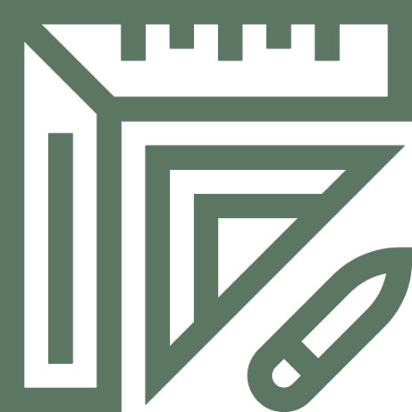 Ícone de uma régua, um lápis e um  esquadro métrico, representando ferramentas de projeto ou desenho.