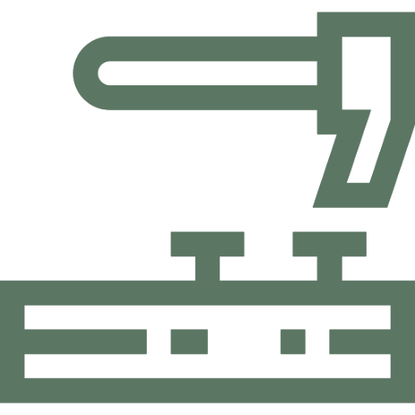 Ícone de um martelo a pregar pregos numa tábua de madeira.