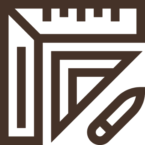 Ícone de régua, triângulo de esquadria e lápis de desenho técnico, em tom castanho.