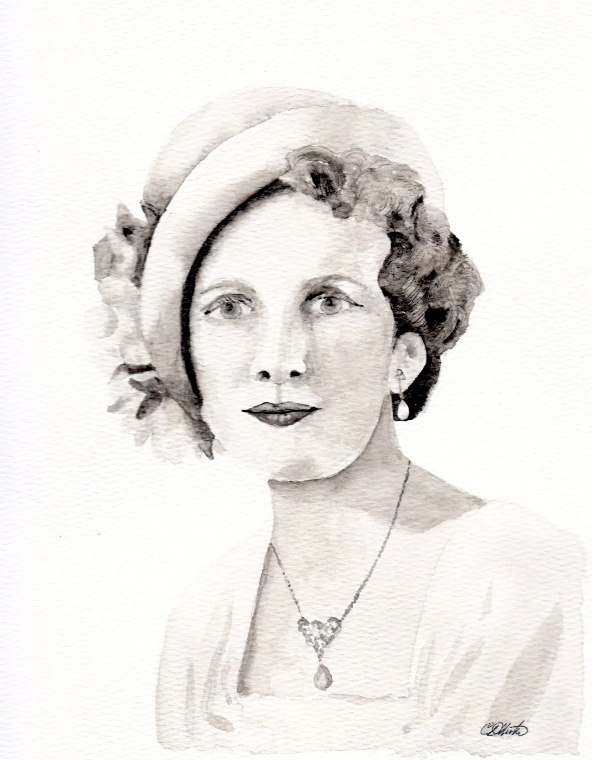 Black and white watercolor portrait of a woman with short curly hair, wearing a hat, earrings, and a necklace.