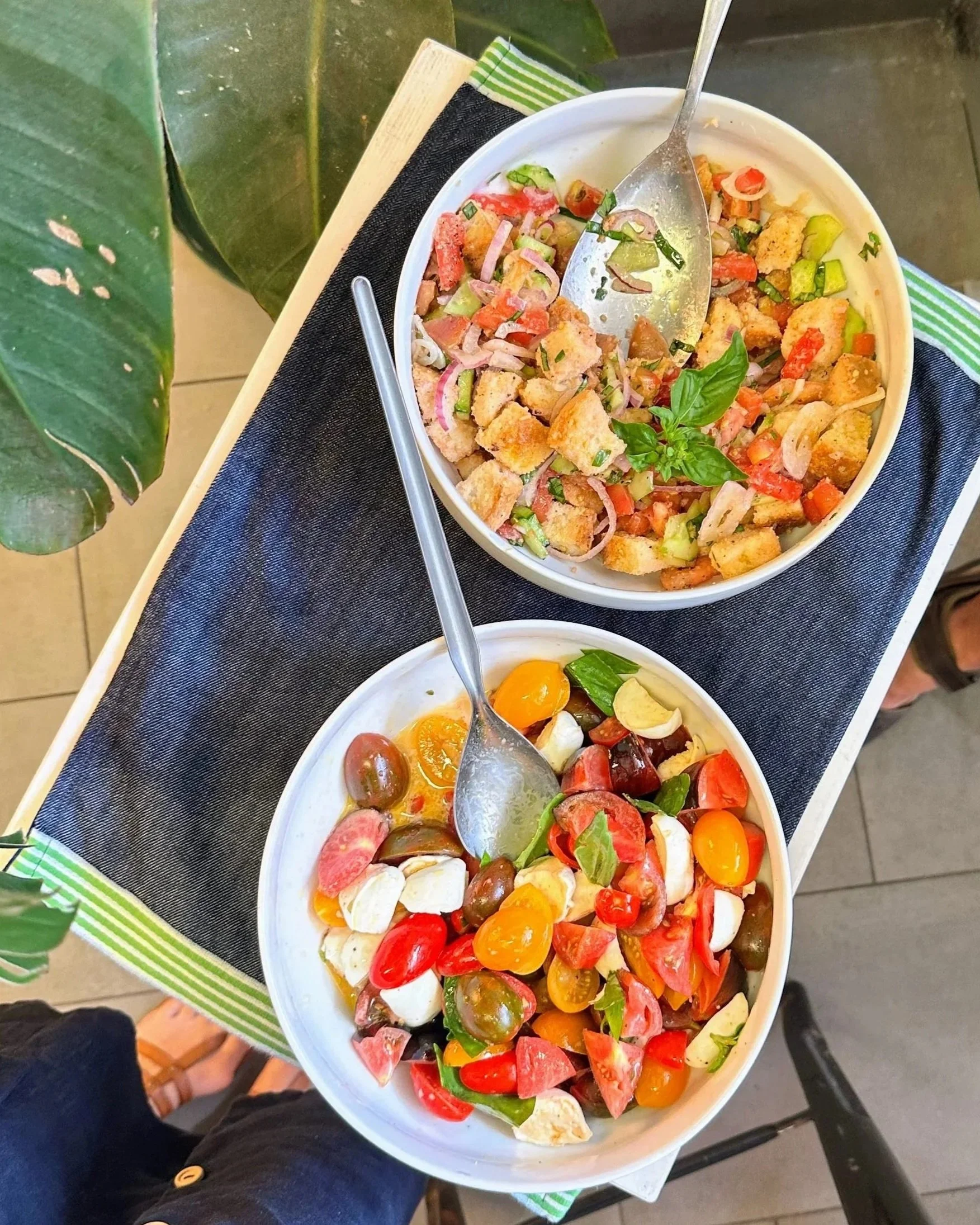 Two bowls of colorful salads on a dark table with green plants nearby.