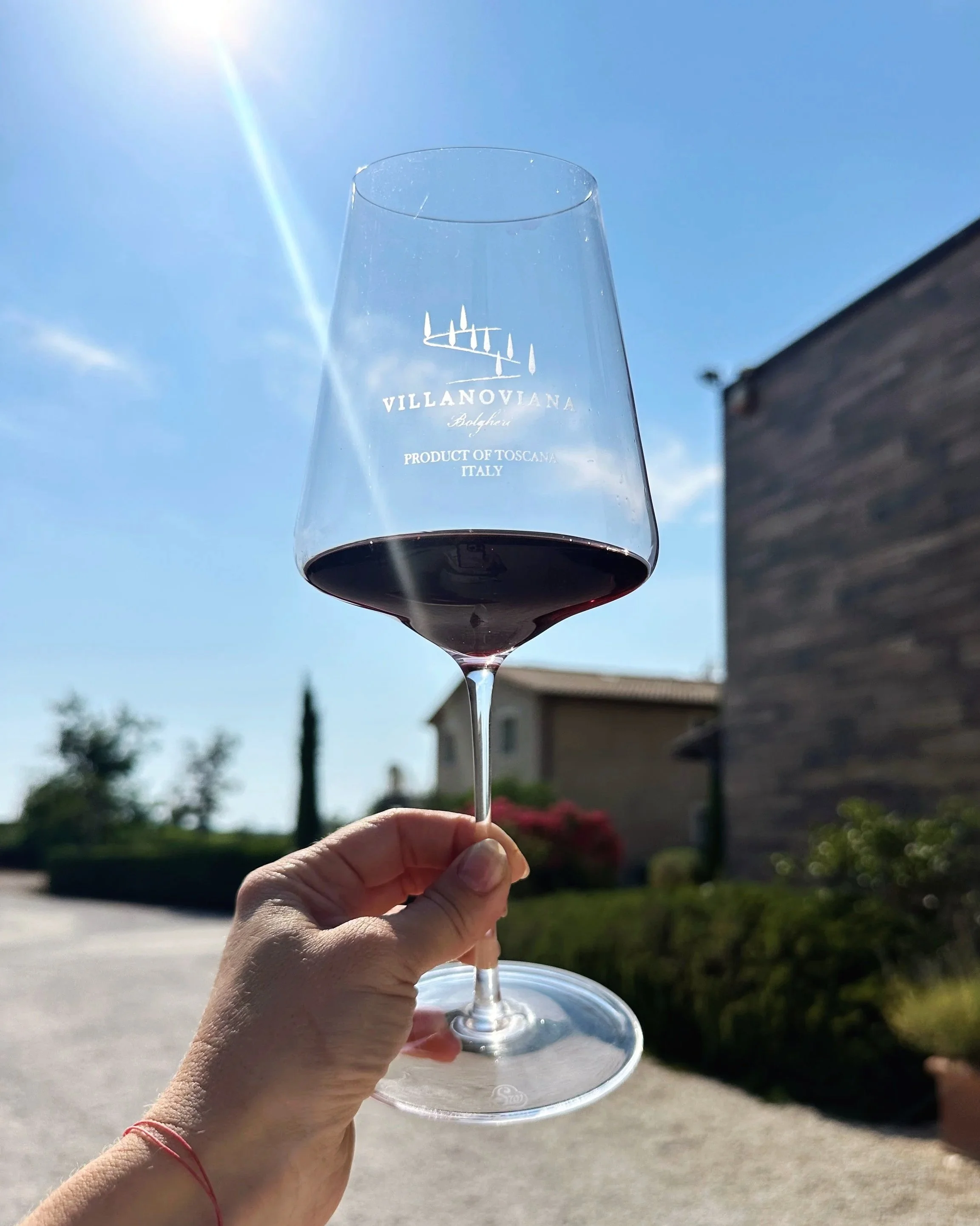 A person holding a glass of red wine outdoors with a clear blue sky, a building, and some trees in the background.