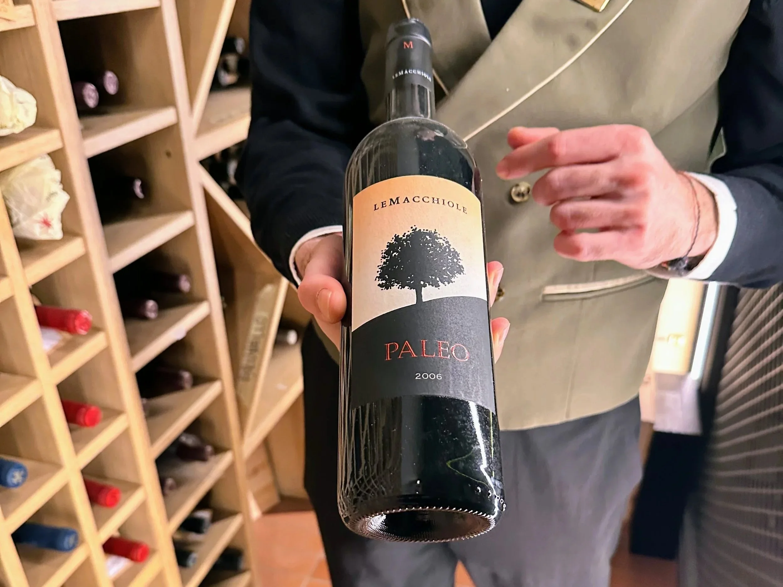 Person holding a bottle of Lemacchiola Paleo wine vintage 2006, with wine racks in the background.