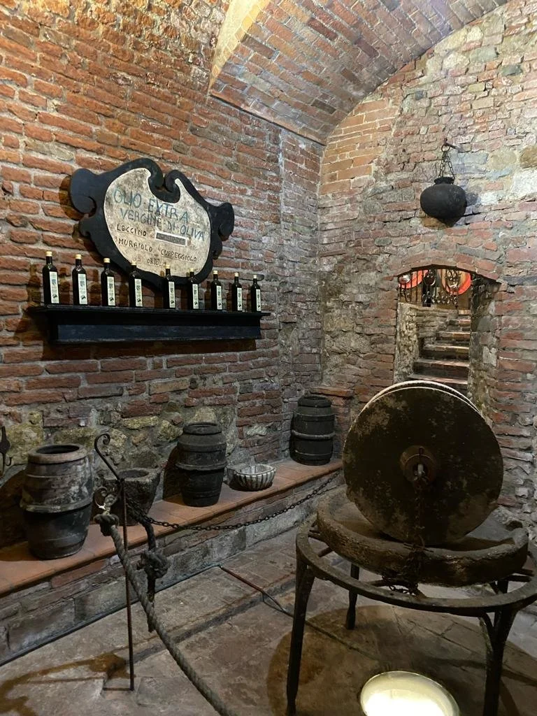 Interior of a historic wine cellar with brick walls, featuring barrels, pottery, and an old wine press for olive oil. There is a shelf with bottles and a sign in Italian.