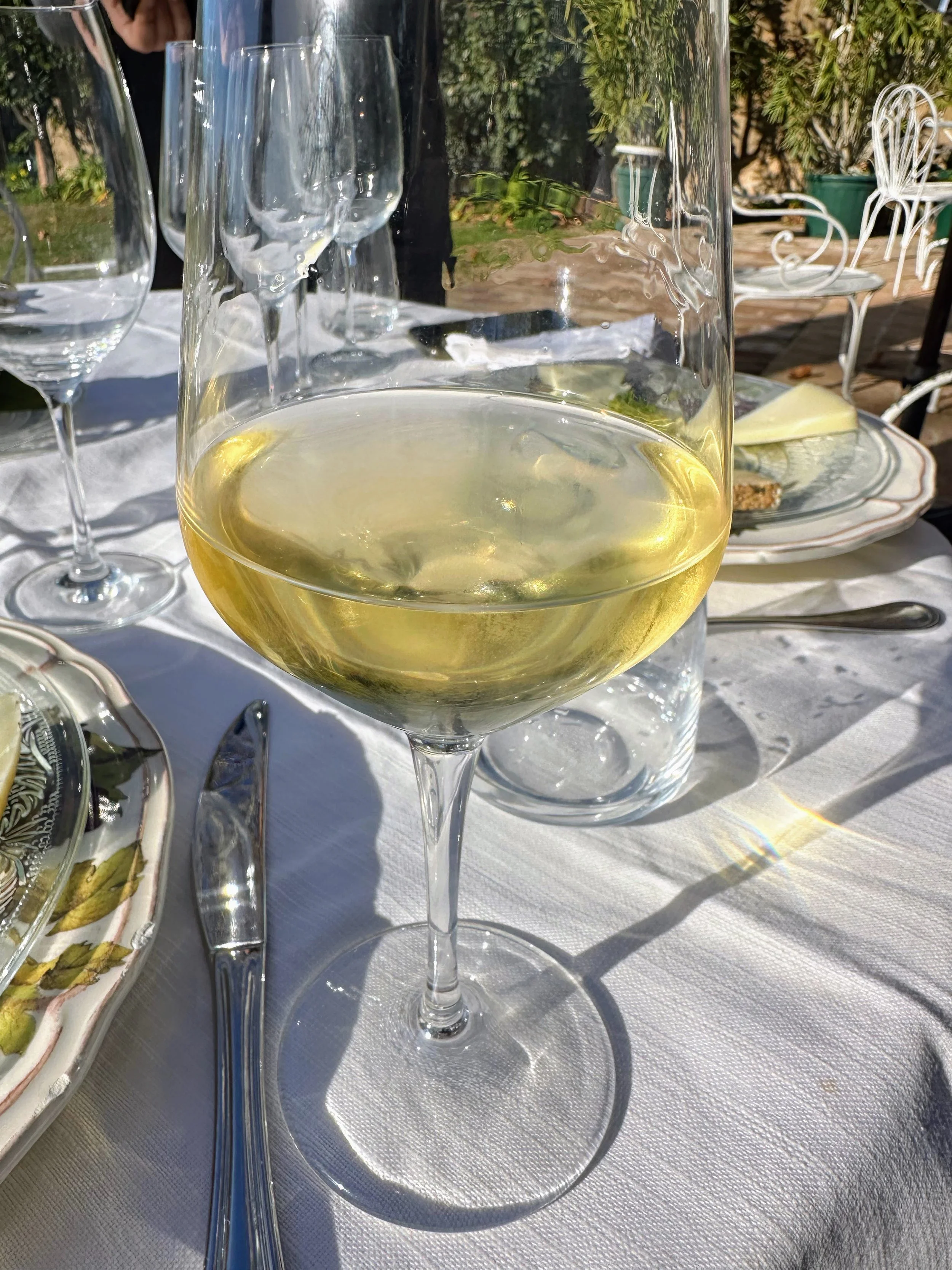 White wine in a glass placed on a table at an outdoor dining setting.