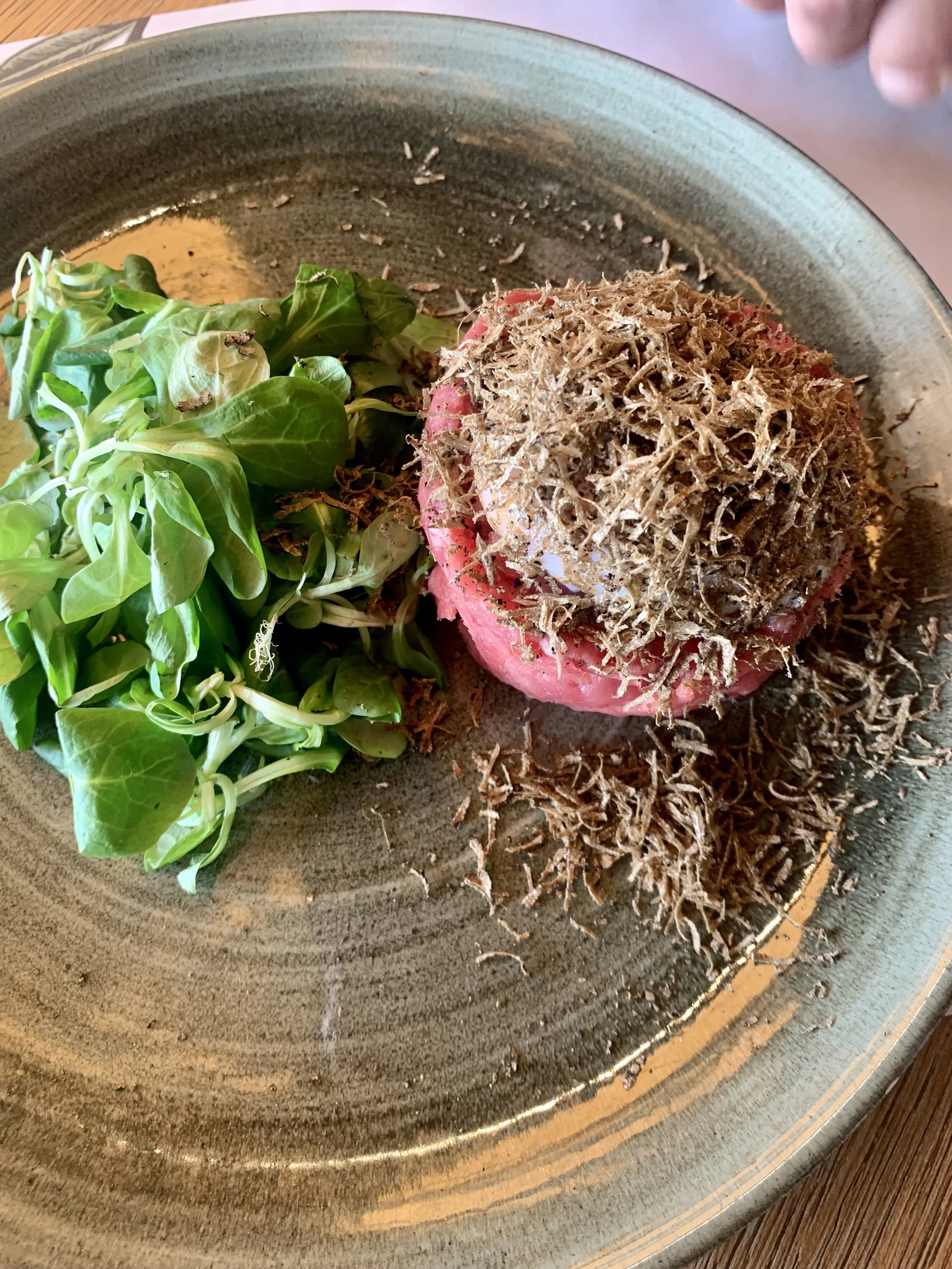A plate with a serving of microgreens and steak tartare topped with shaved truffle.