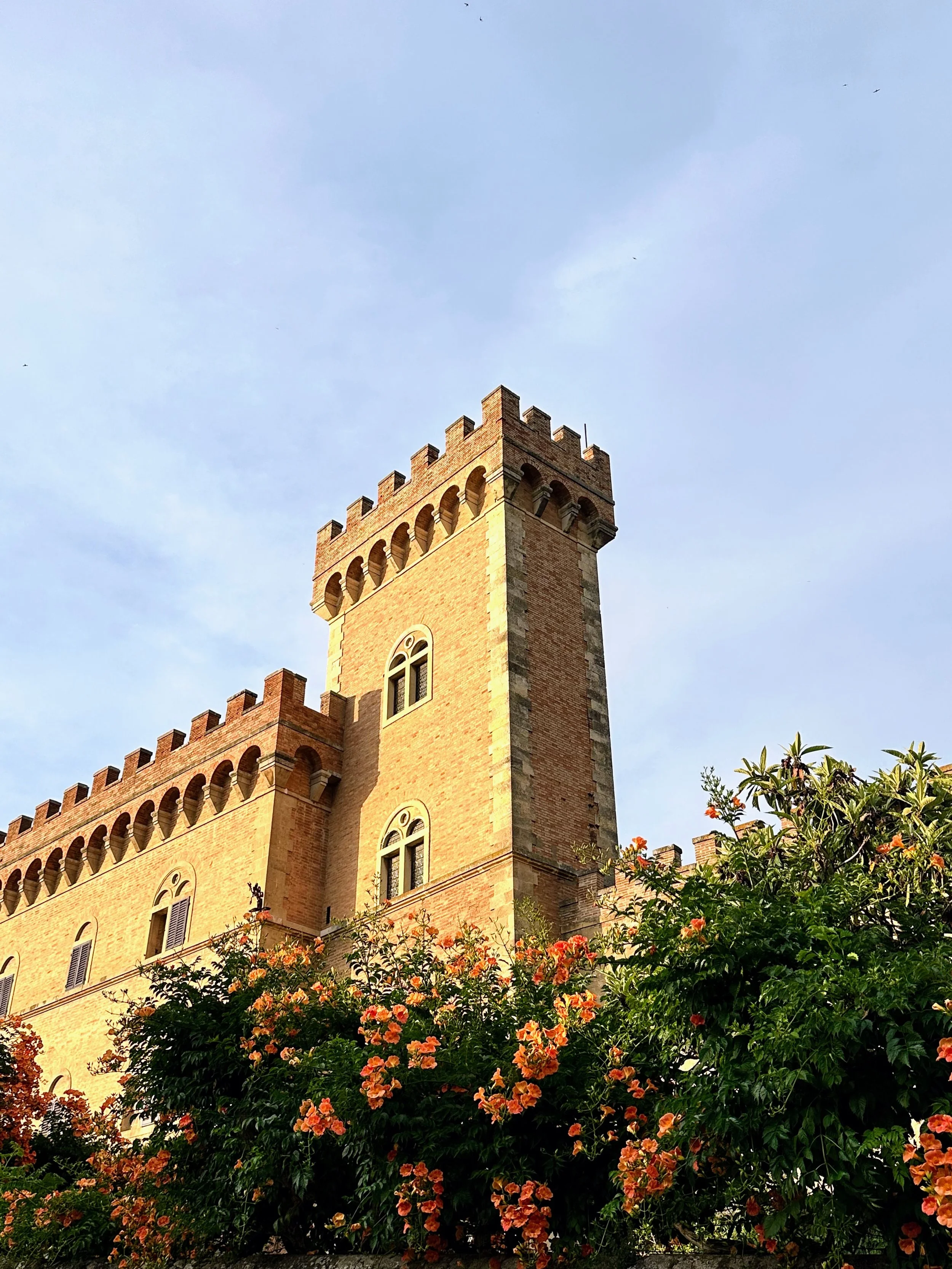 A castle-like brick building with a tall tower and decorative battlements, surrounded by orange flowers, under a blue sky.