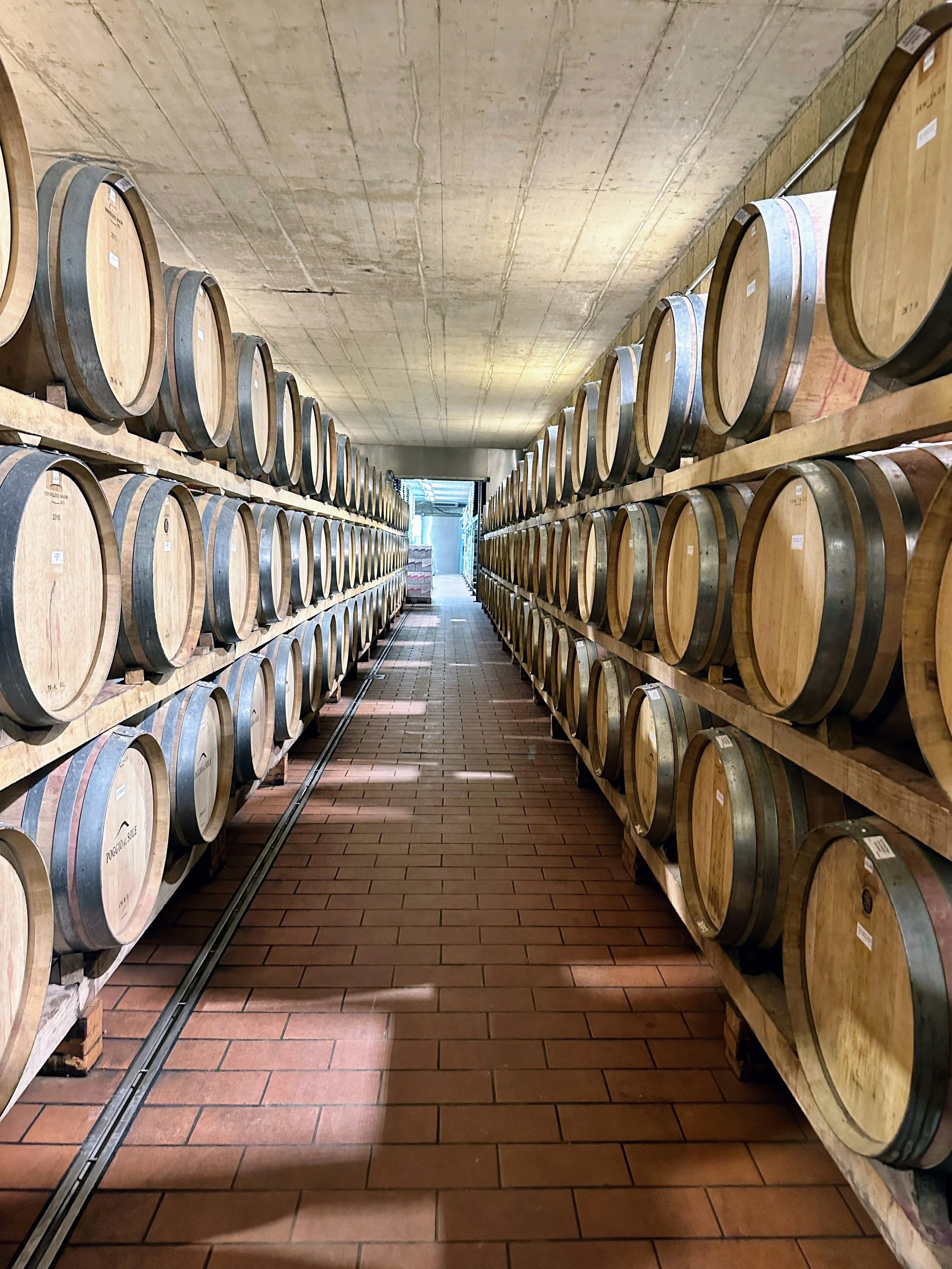 A wine cellar with rows of oak wine barrels stacked on wooden shelves on both sides of a brick aisle, with natural light coming from the end of the aisle.