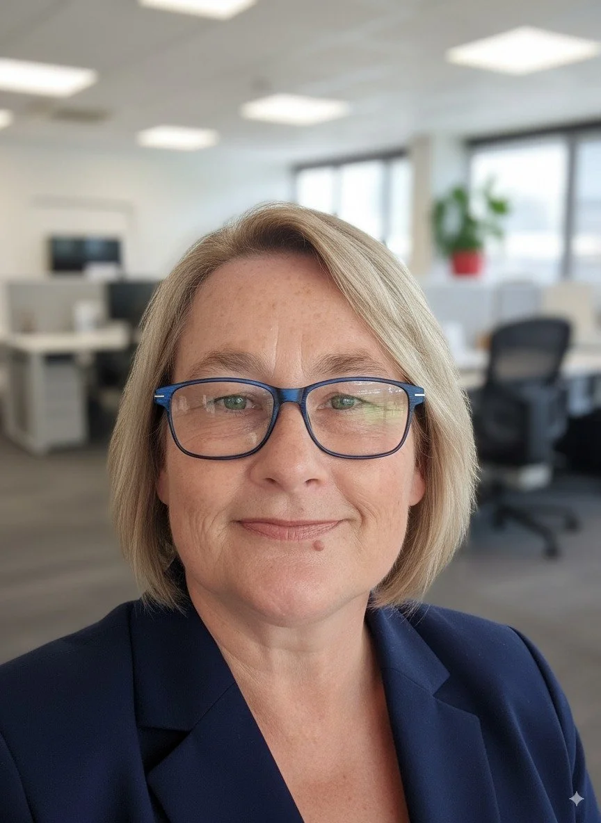 A middle-aged woman with blonde hair, blue glasses, and a dark blazer taking a selfie in an office environment.