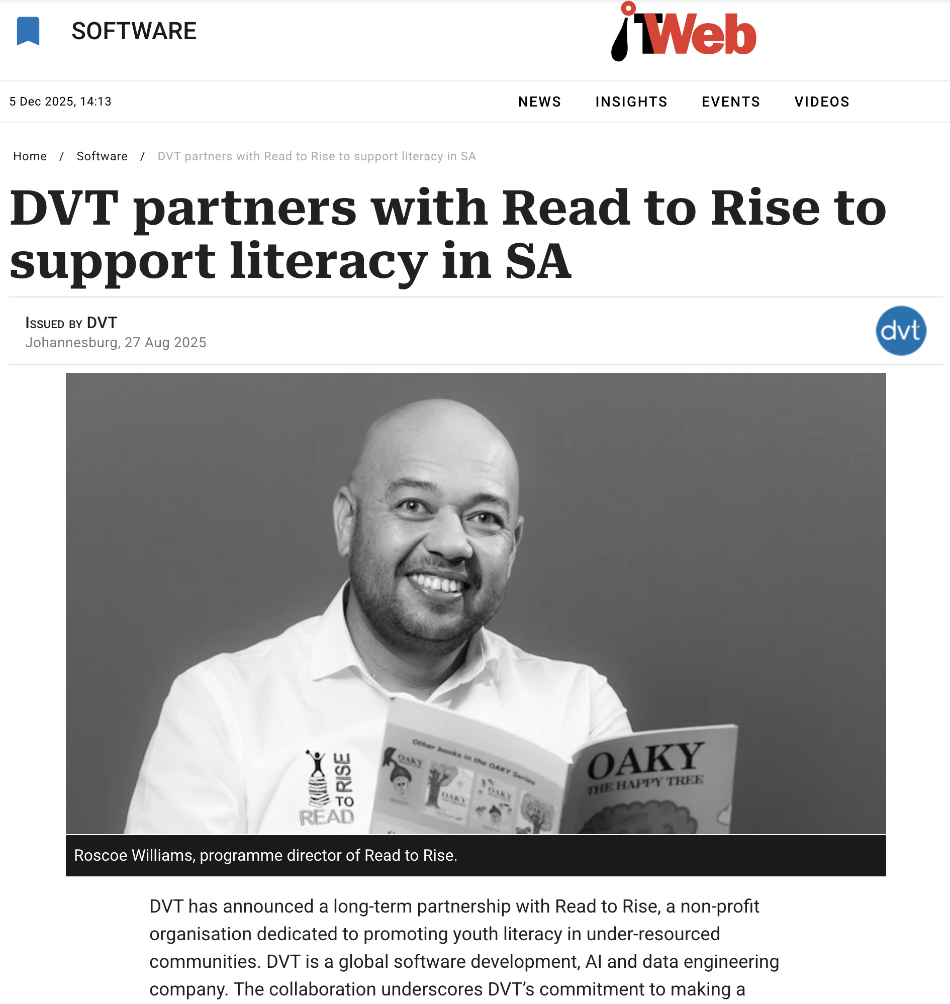 DVT announced a long-term partnership with Read to Rise, a non-profit organisation dedicated to promoting youth literacy in under-resourced communities.