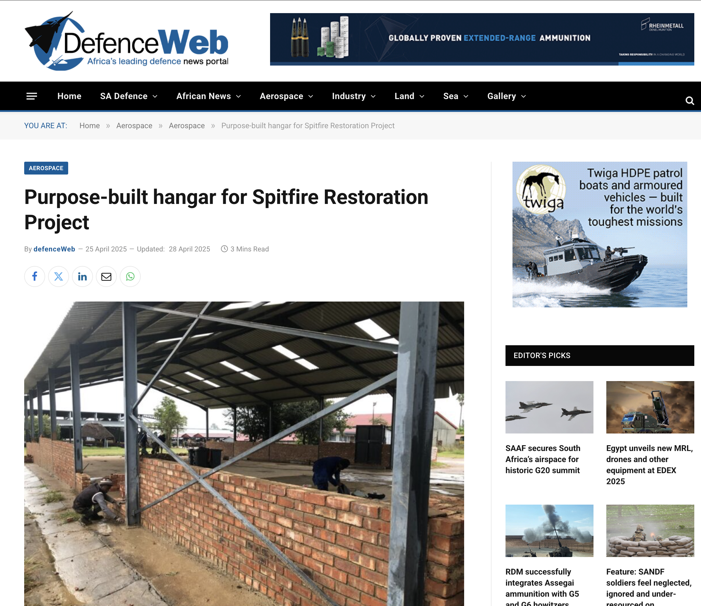 Media coverage on the Spitfire Restoration Project's new hangar progress at AFB Swartkop. Publication: DefenceWeb