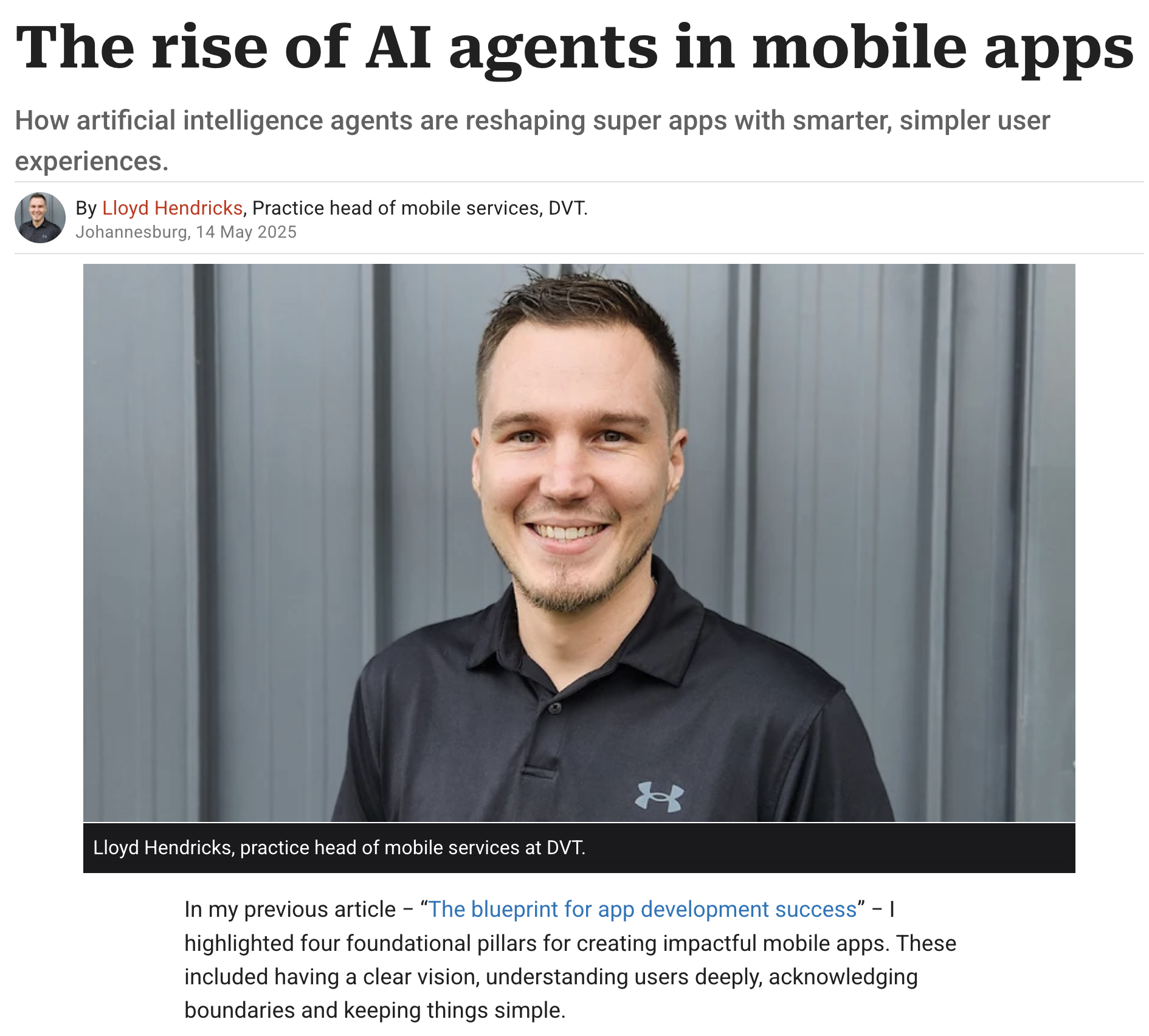 DVT's Lloyd Hendricks, featured in ITWeb's Insights Column Section on the topic of mobile apps.