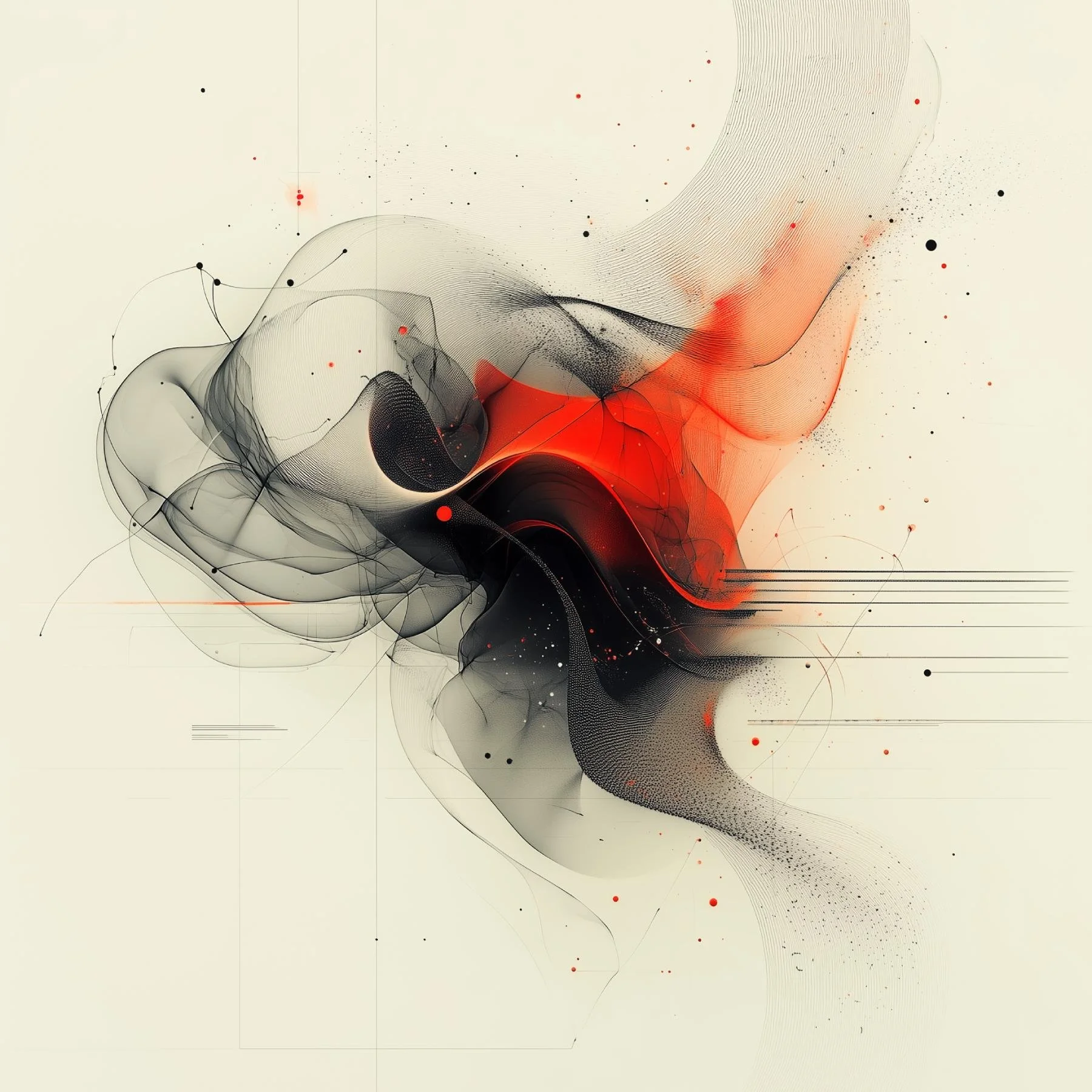 Abstrakte digitale Kunst mit schwarzen, roten und grauen schwungvollen Linien und Partikeln auf hellem Hintergrund.