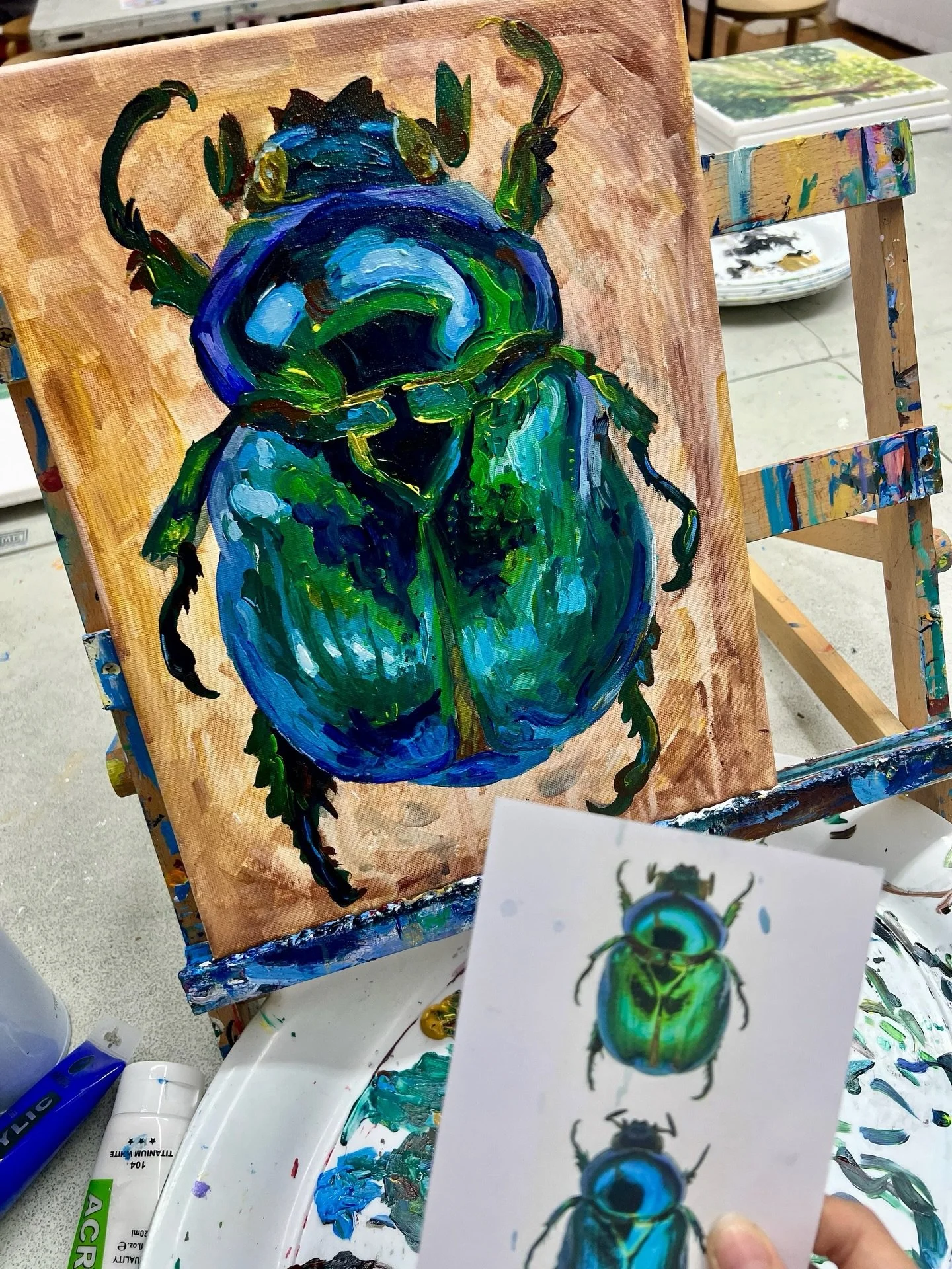 Colours of nature 🪲🍃

#throwback to this wonderful piece from Cynthia, more to come! 💙💚🎄

#beetle #cherrytreeartstudio #acrylicpainting #studentshowcase