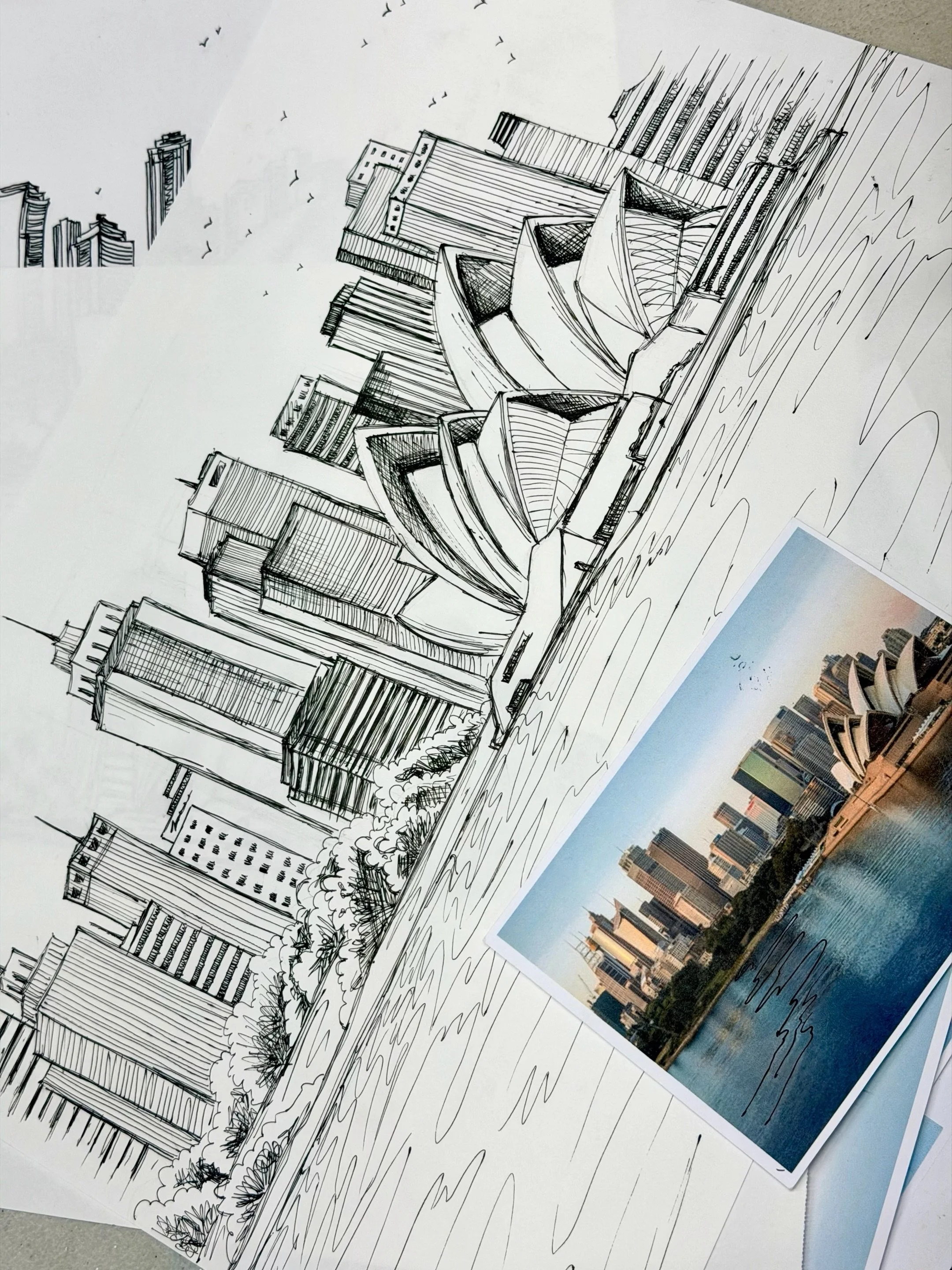 Sydney Harbour Ink illustration 🖋️ 
By upper primary-early high schoolers. You might spot a building added here and there 👀 love it! 

#cherrytreeartstudio #cherrybrook #artclass #studentshowcase #sydneyartist