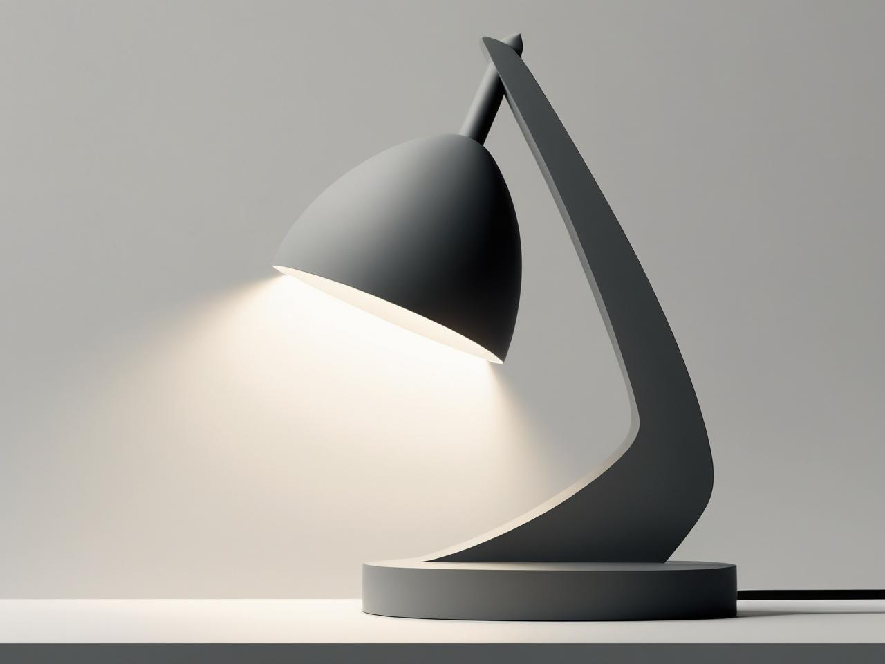A modern black desk lamp with a curved arm and a conical shade, turned on and illuminating a surface.