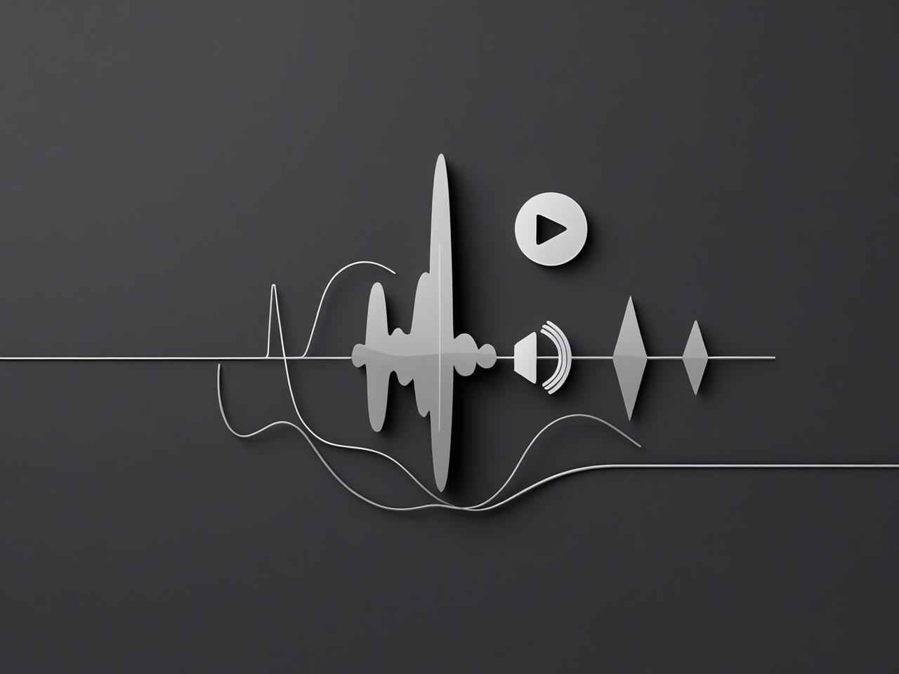 Digital illustration of an audio waveform with icons for play, pause, and skip buttons on a dark background.