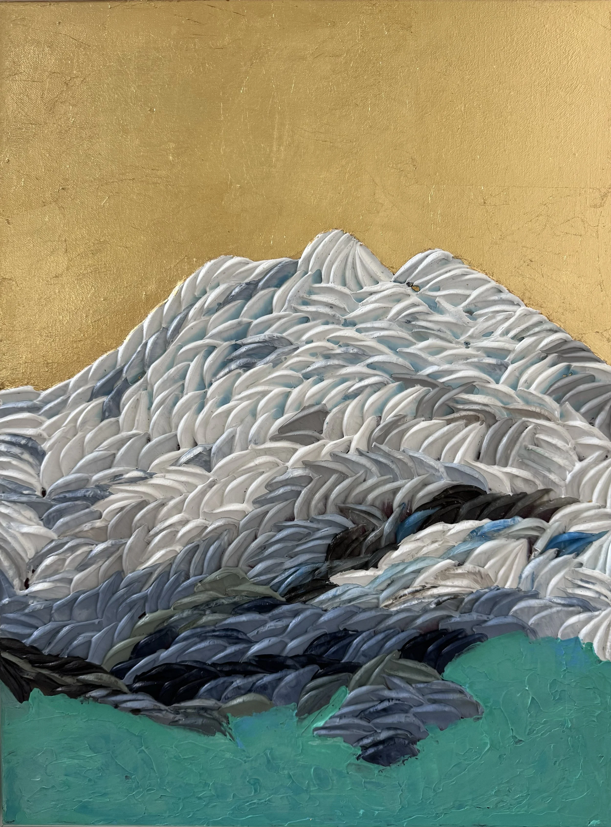 Gaya Chandrasekaran, "Chamonix", 2024. Textured acrylic on canvas with gold leaf and high gloss varnish.