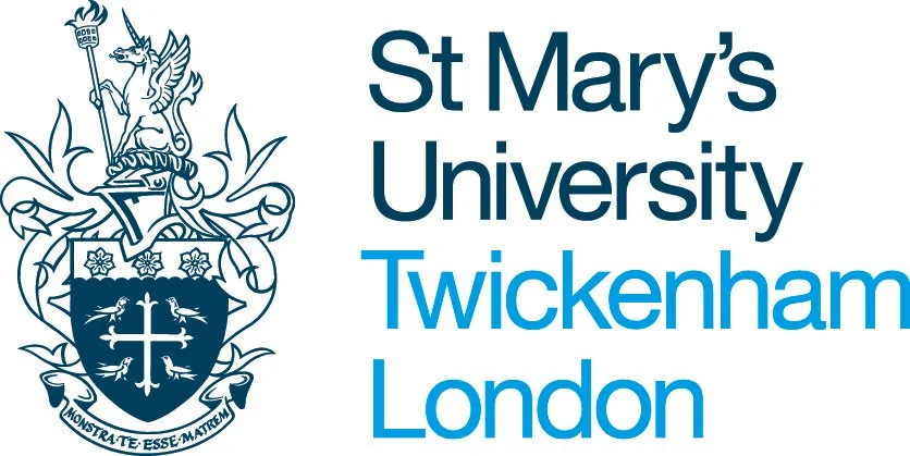 St. Mary's University Twickenham London logo featuring a shield with a cross and birds, a unicorn crest, and blue text of the university's name.
