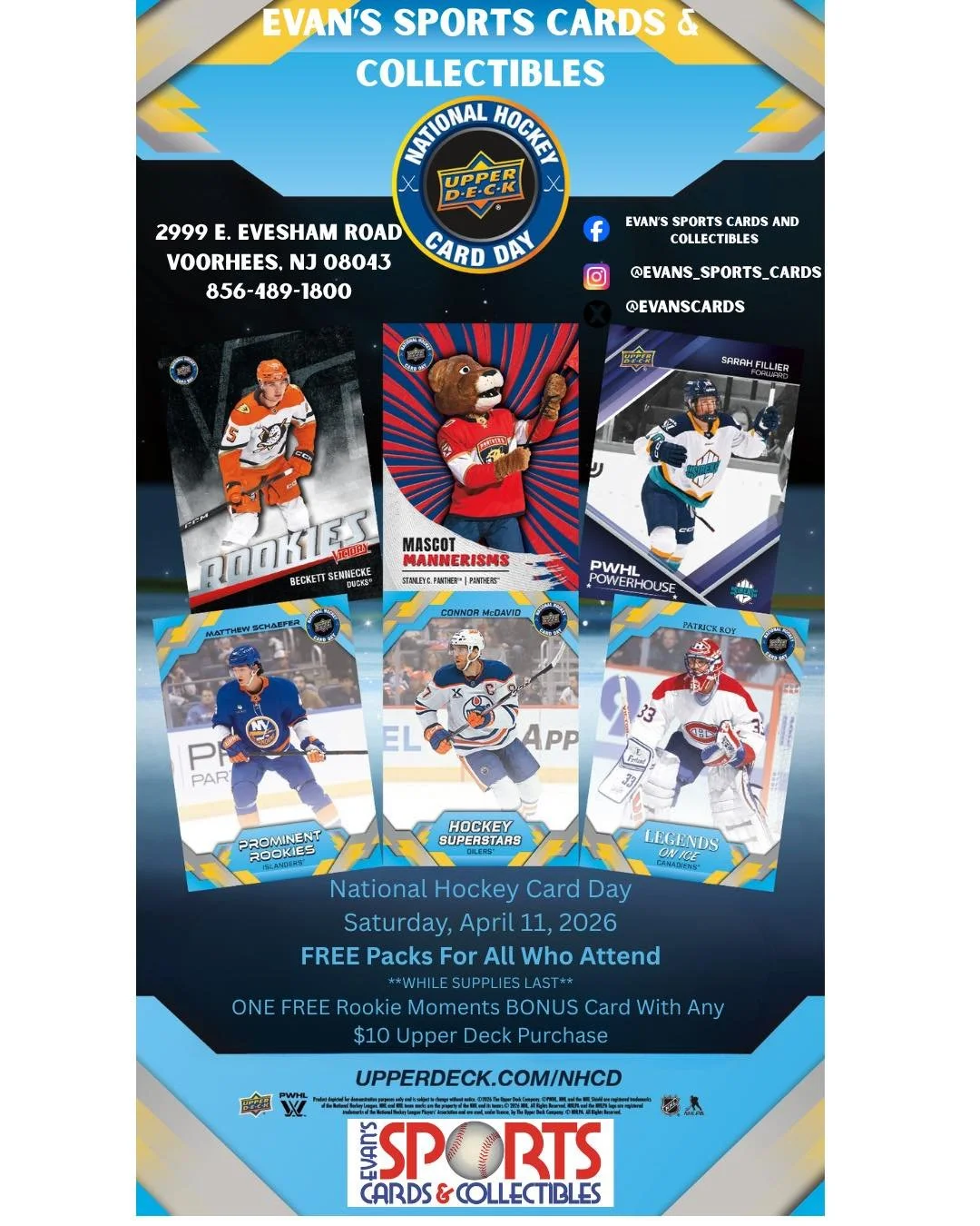 This Saturday April 11th is National Hockey Card Day !!!
Make sure to come by the shop to get your FREE pack and other promotional items!