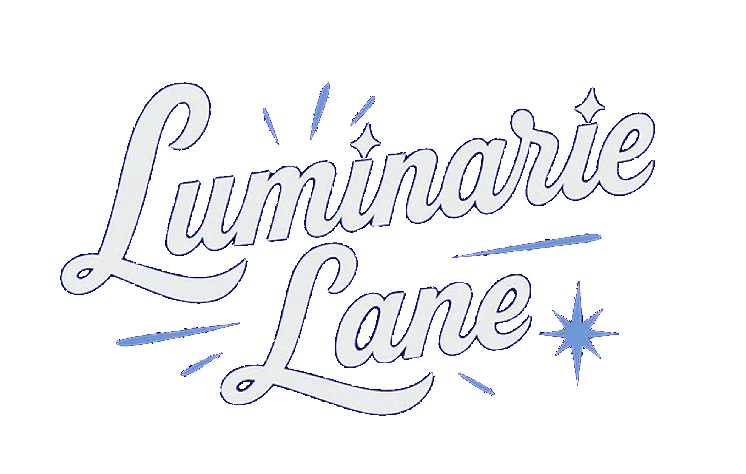 Decorative retro-style sign with cursive text reading 'Luminous' in white with blue outline, adorned with blue starburst accents.
