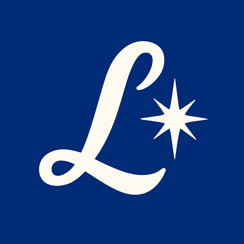 A white stylized letter 'L' with a starburst symbol on a dark blue background.