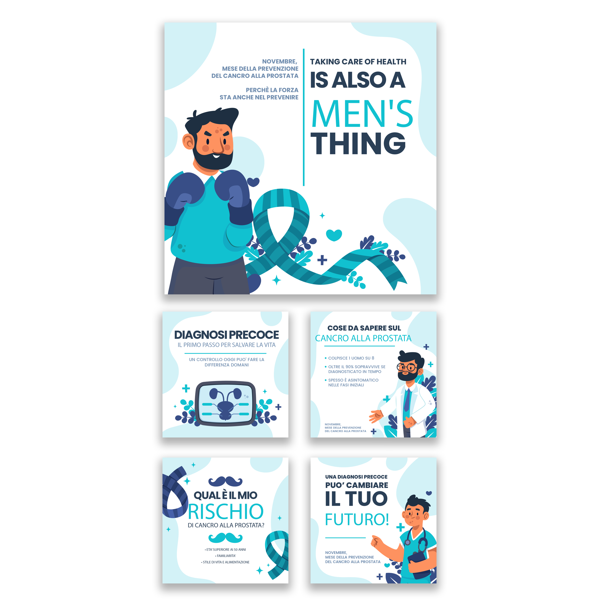 Serie di poster informativi sulla prevenzione del cancro alla prostata, con immagini di uomini e medici, testo in italiano e inglese, e simboli di salute e prevenzione.