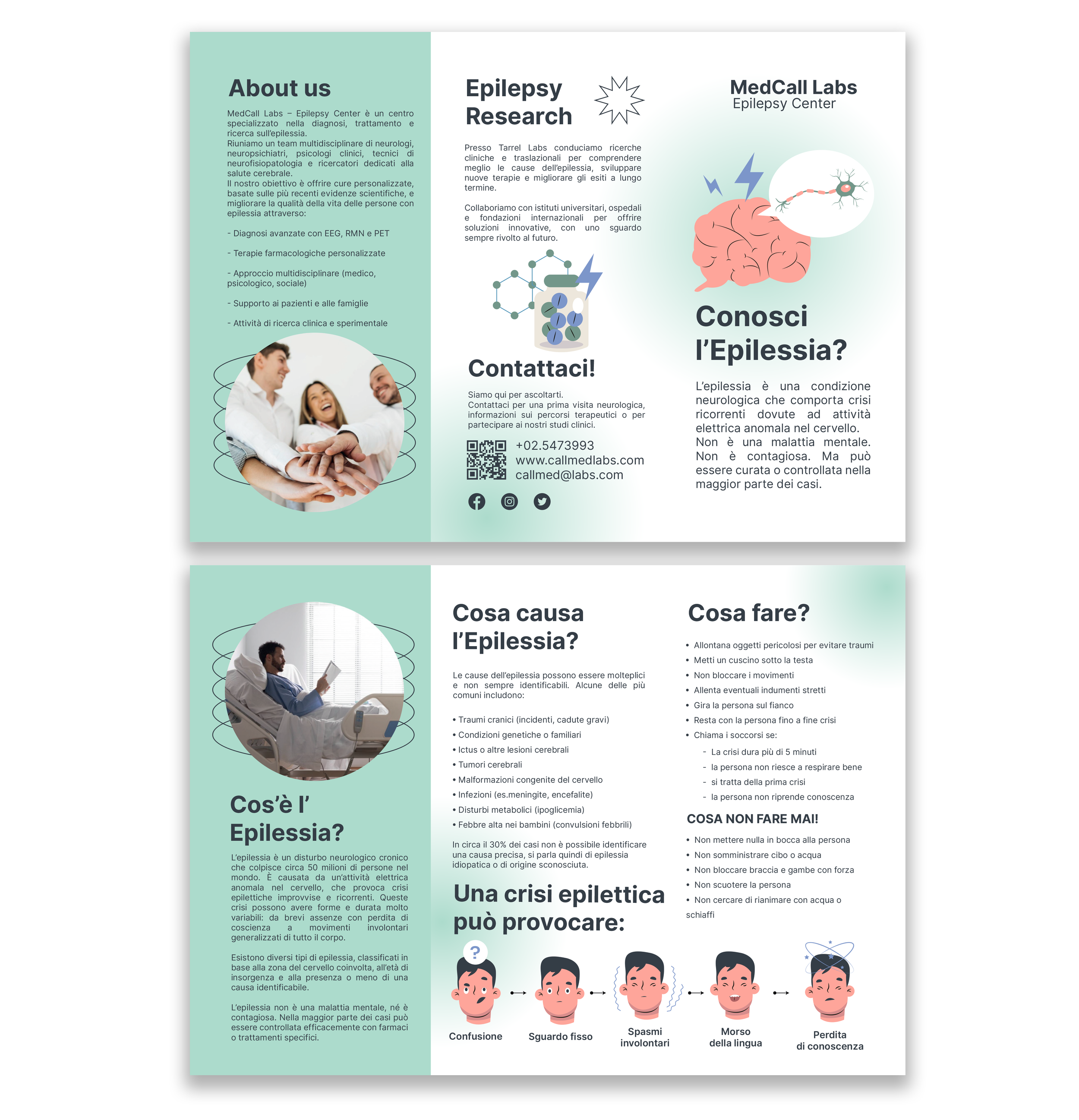 Brochure informativa sulla Epilessia, con sezioni su cos'è, cause, cosa fare e contatti, accompagnata da immagini di persone e simboli medici.