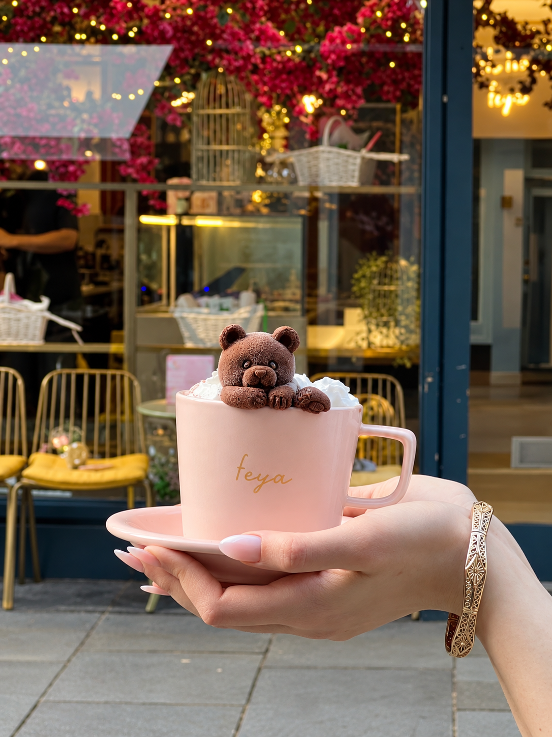 Feya London, viral teddy bear chocolates London, cute cafés in London, chocolate drinks London, Instagram-worthy drinks, London dessert spots, teddy bear hot chocolate, iced matcha London, unique café treats, London food trends