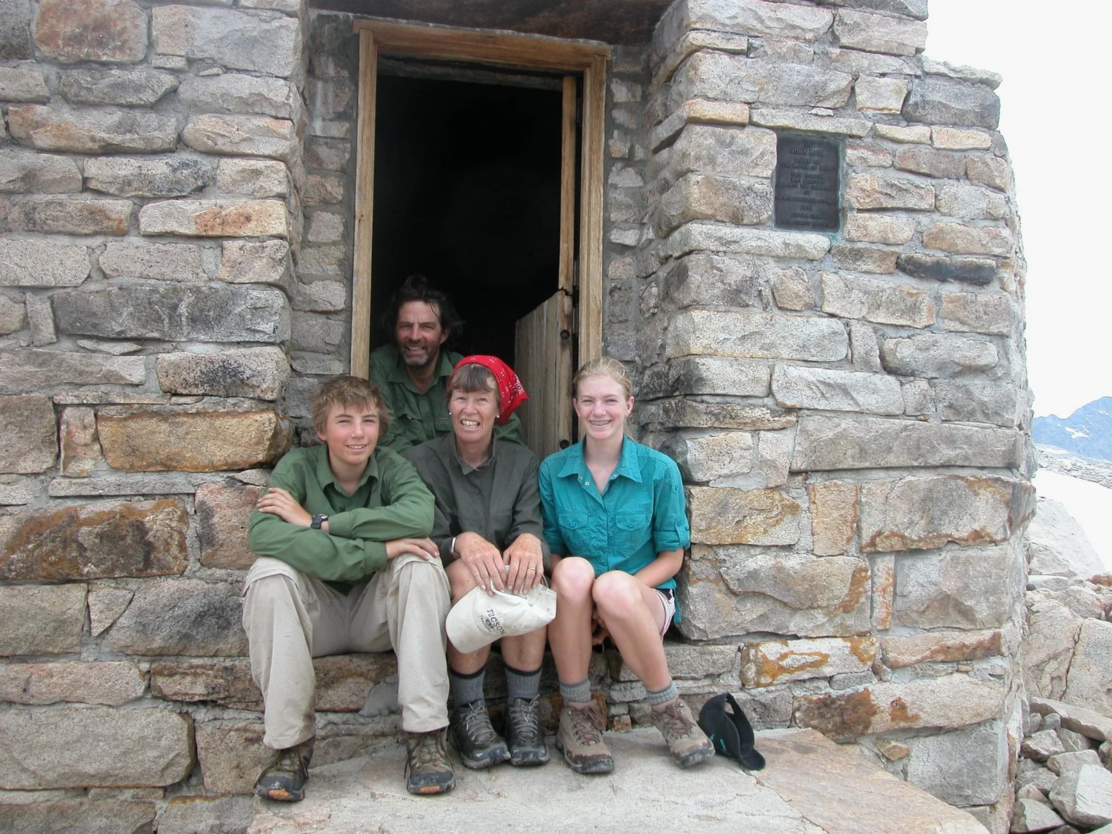 The Broome family at a Muir Pass hiking hut
