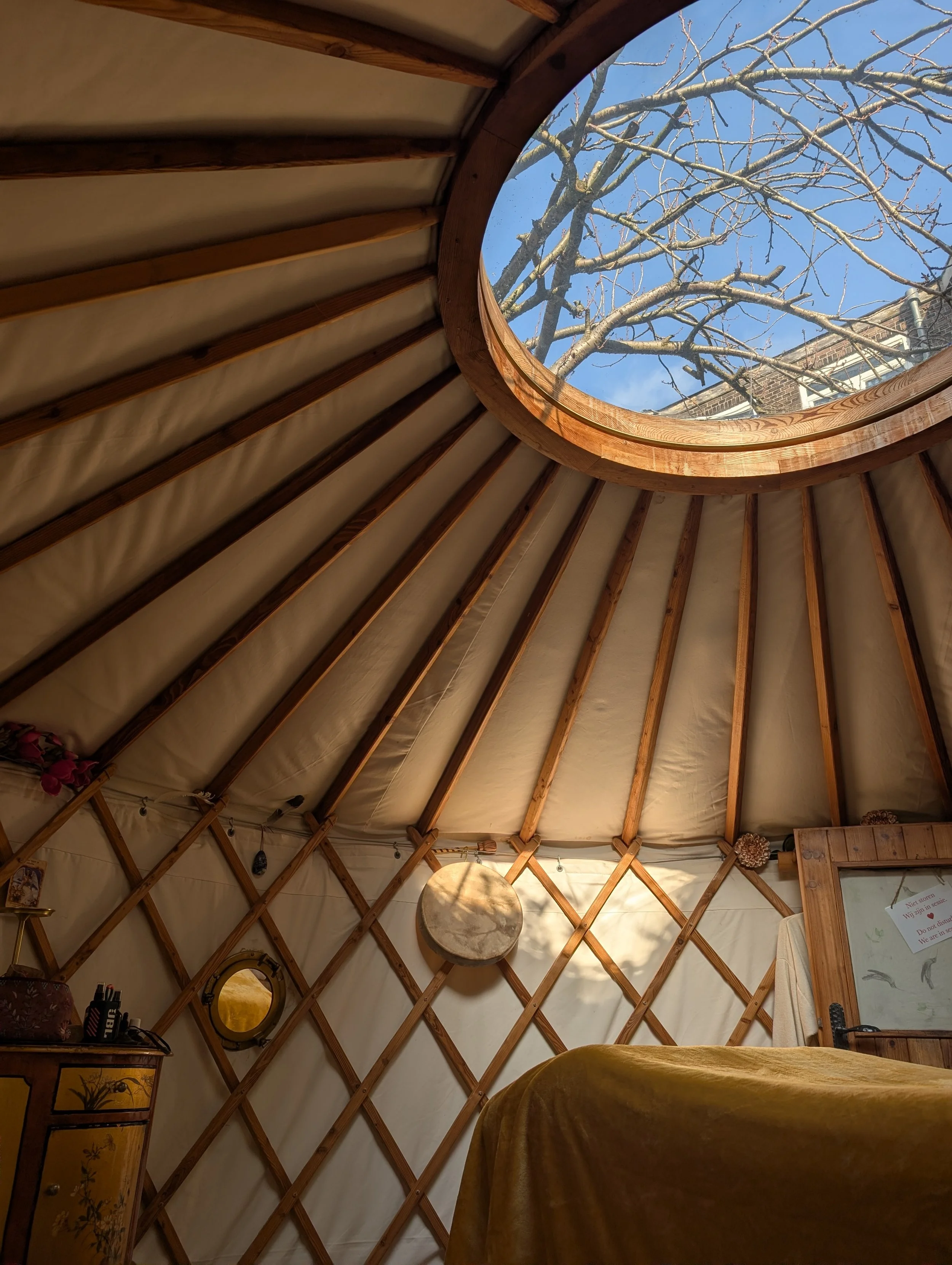 Interior of a yurt with wooden lattice walls, exposed roof beams, a circular skylight, drum, furnishings, and leafless tree branches visible outside