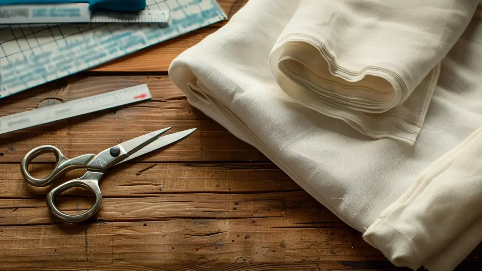 Sewing fabric, scissors, measuring tape, and pattern paper on a wooden table.
